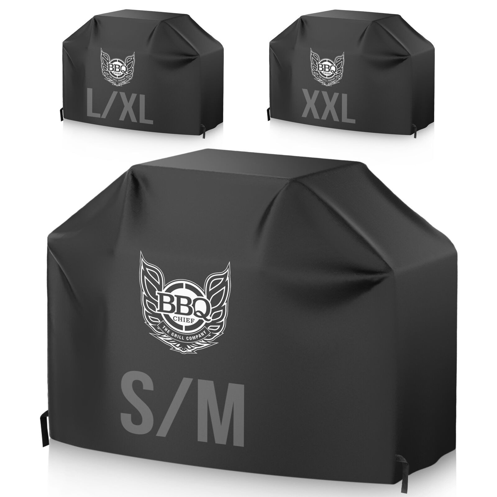 BBQ Chief Grillabdeckhaube Abdeckhaube für Grills, Grillhaube,Schutzhülle, Abdeckung, Abdeckplane, Wetterfest, UV-beständig, mit Klettverschluss, Schwarz, S/M - L/XL