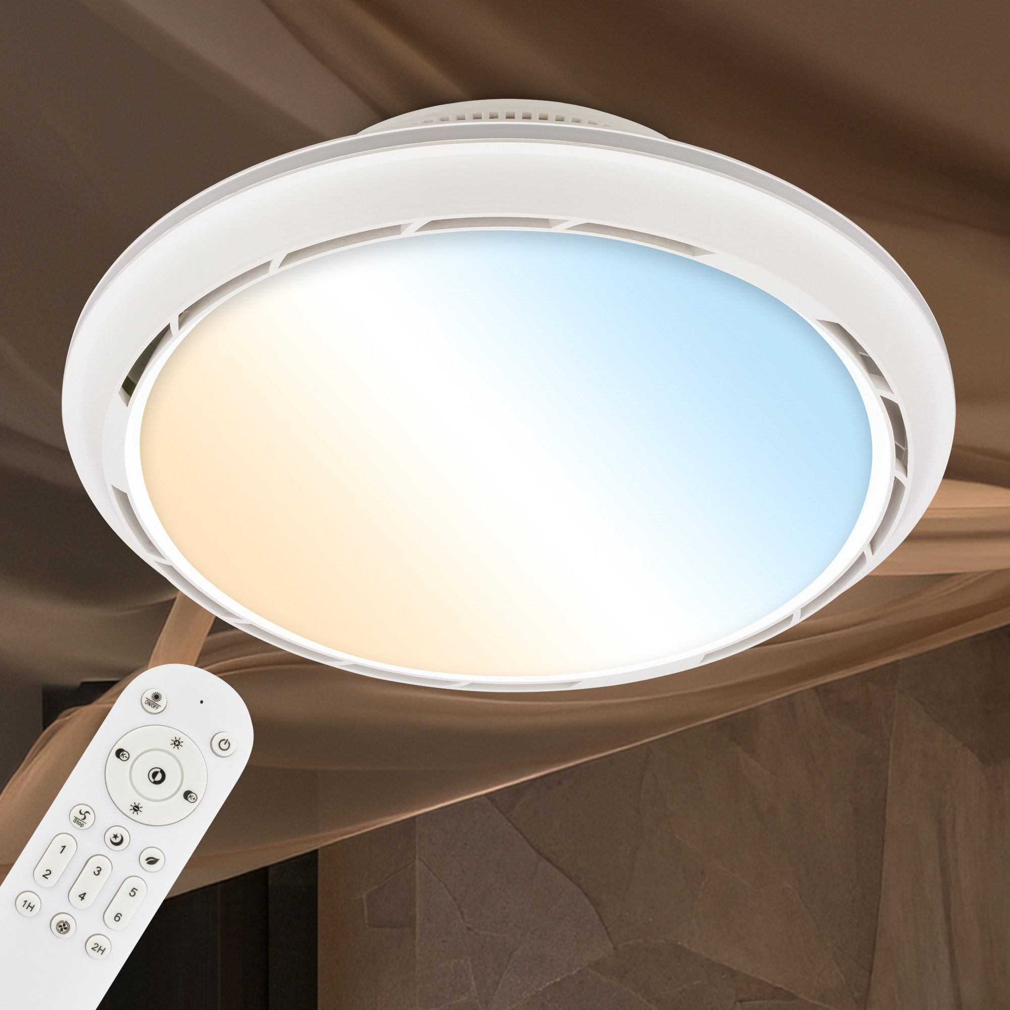 Briloner Leuchten LED Deckenleuchte Deckenventilator mit Licht CCT Fernbedienung Dimmbar, LED fest integriert, 6500K - Kaltweiß, 4000K - Neutralweiß, 3000K - Warmweiß, CCT Farbtemperatursteuerung - Warmweiß / Neutralweiß / Kaltweiß, 5500-6500K - Tageslichtweiß, 44x17,5 cm, Schlafzimmer, Wohnzimmer, Esszimmer, Flur, Küche