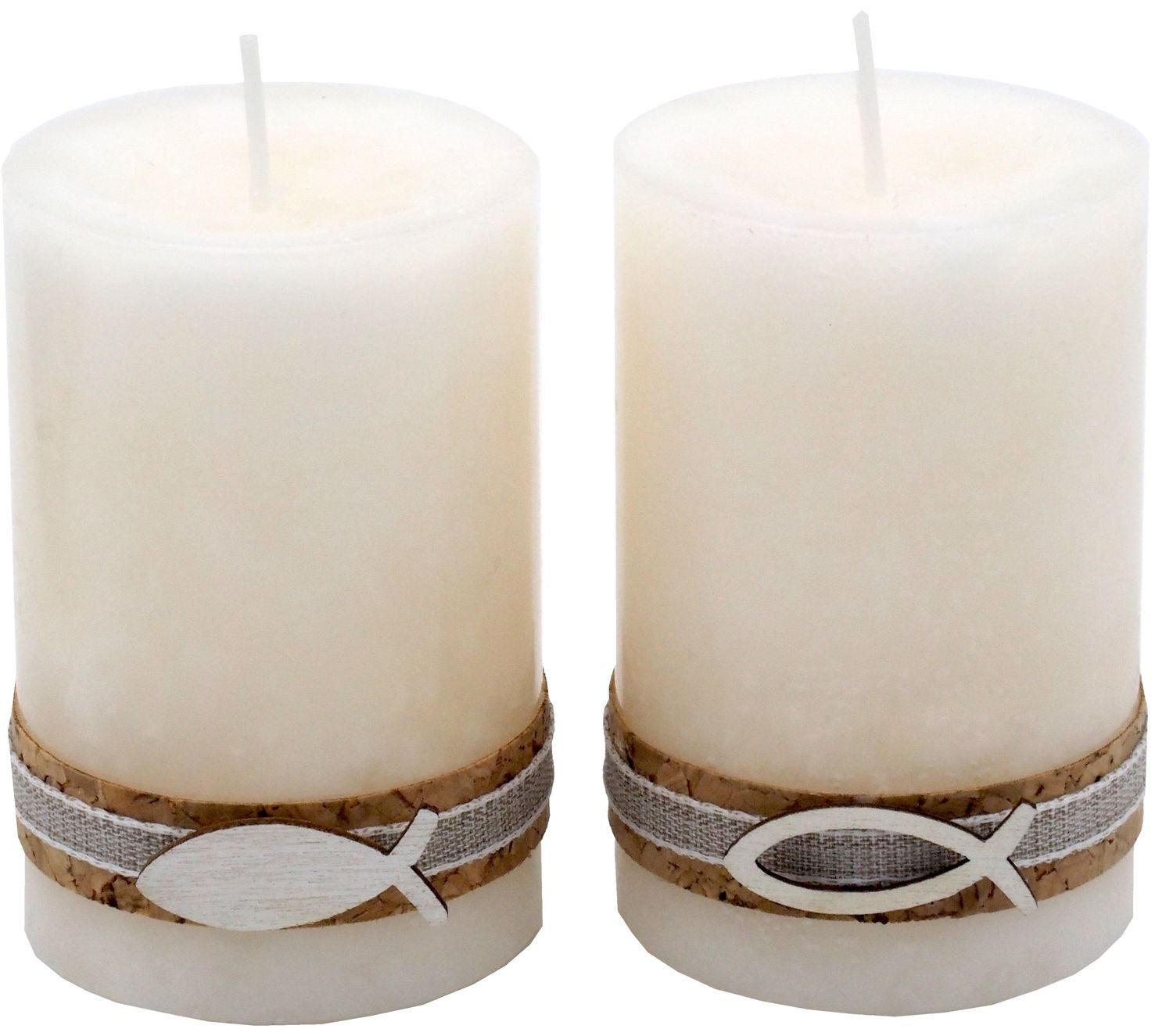 ZauberDeko Stumpenkerze 2 Stumpenkerzen Kerzen Creme Kork Fisch Holz Tischdeko