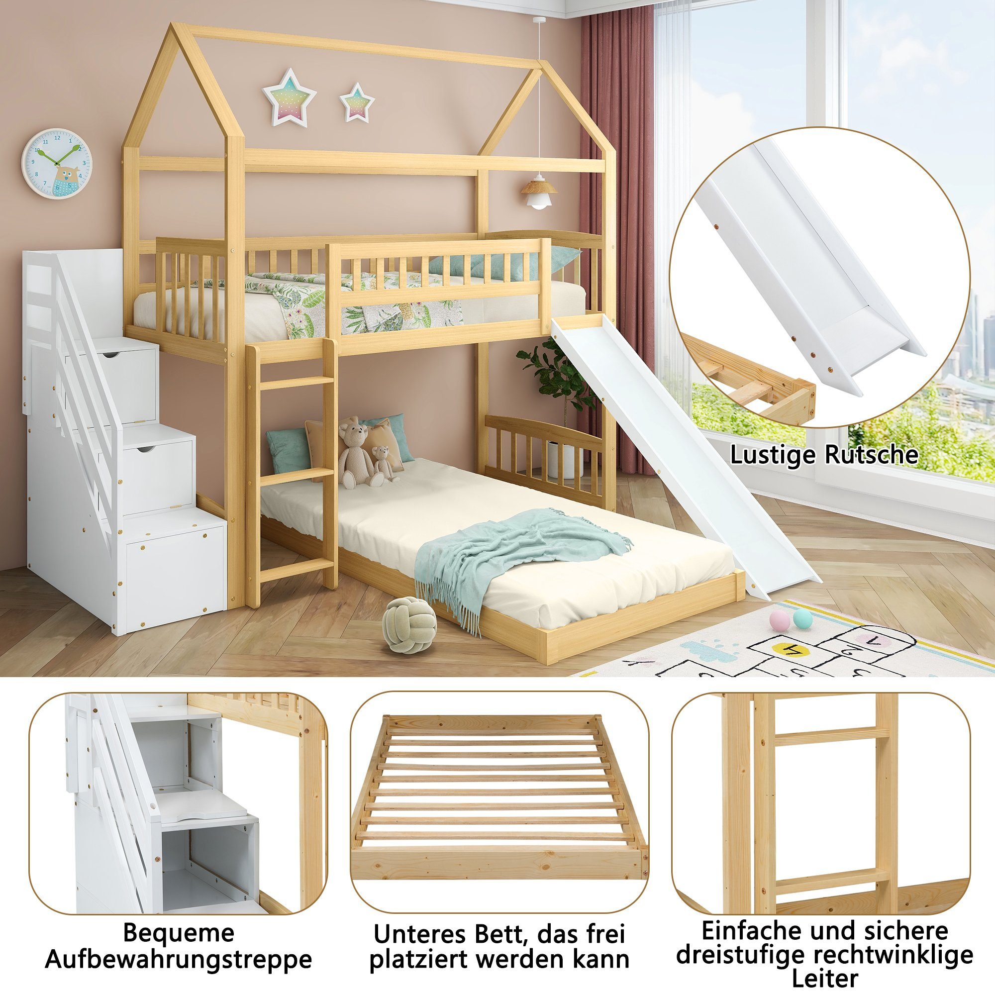 Treppe, 90 cm × 200 und Leiter, Rutsche mit Kinderbett Ulife Etagenbett Hochbett Stauraum,