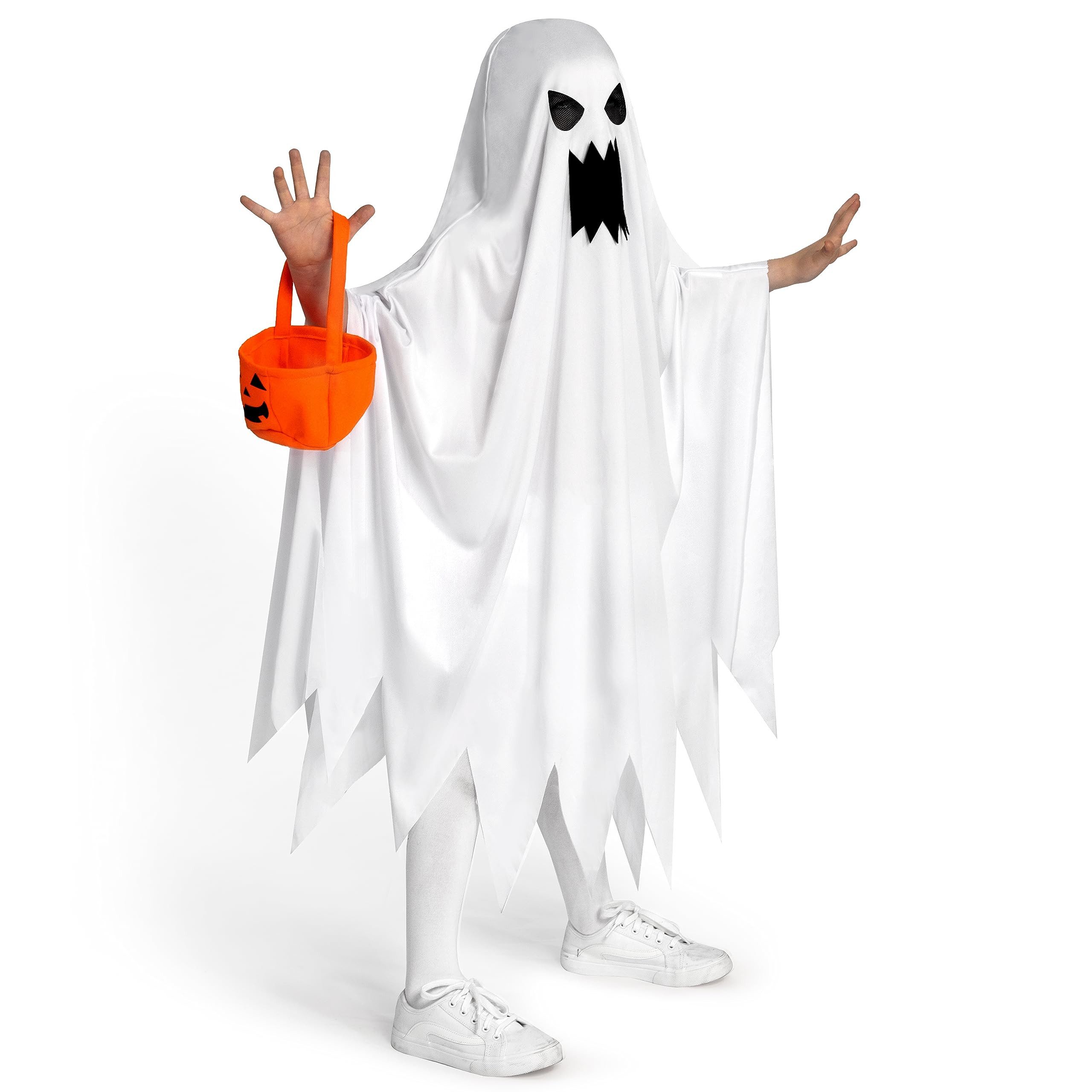 nsihing Kostüm Weißem Umhang,Kinder Halloween-Geisterkostüm mit Kürbistasche, für Jungen, Mädchen-Halloween-Verkleidung, Rollenspiel