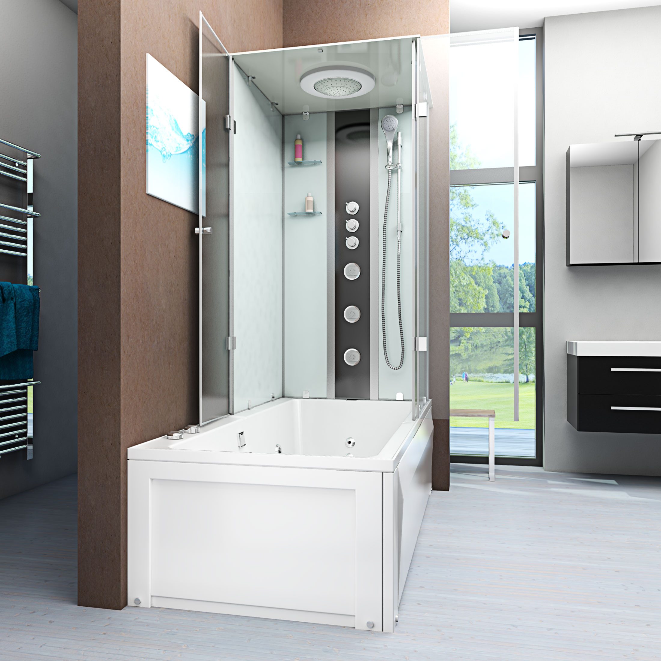 AcquaVapore Grossraumdusche Whirlpool Dusche Kombination K05-L02-WP 180x90 cm, Sicherheitsglas ESG, Integrierte Massagedüsen, Nackenstütze, Whirlpool Jets