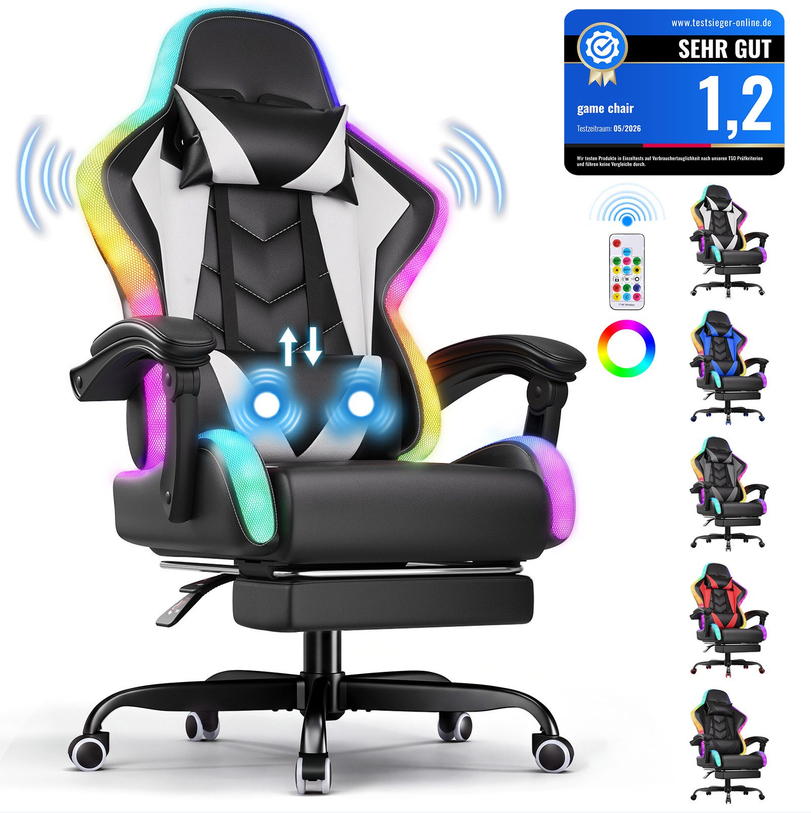 HOMALL Gaming-Stuhl mit LED,Ergonomisch,Fußstütze,computerstuhl,gaming stuhl mit massage (Die LED-Beleuchtung ist einstellbar, das Massagekissen für den Rücken ist beweglich), Ergonomischer Bürostuhl,Kopfstütze und Lendenstütze