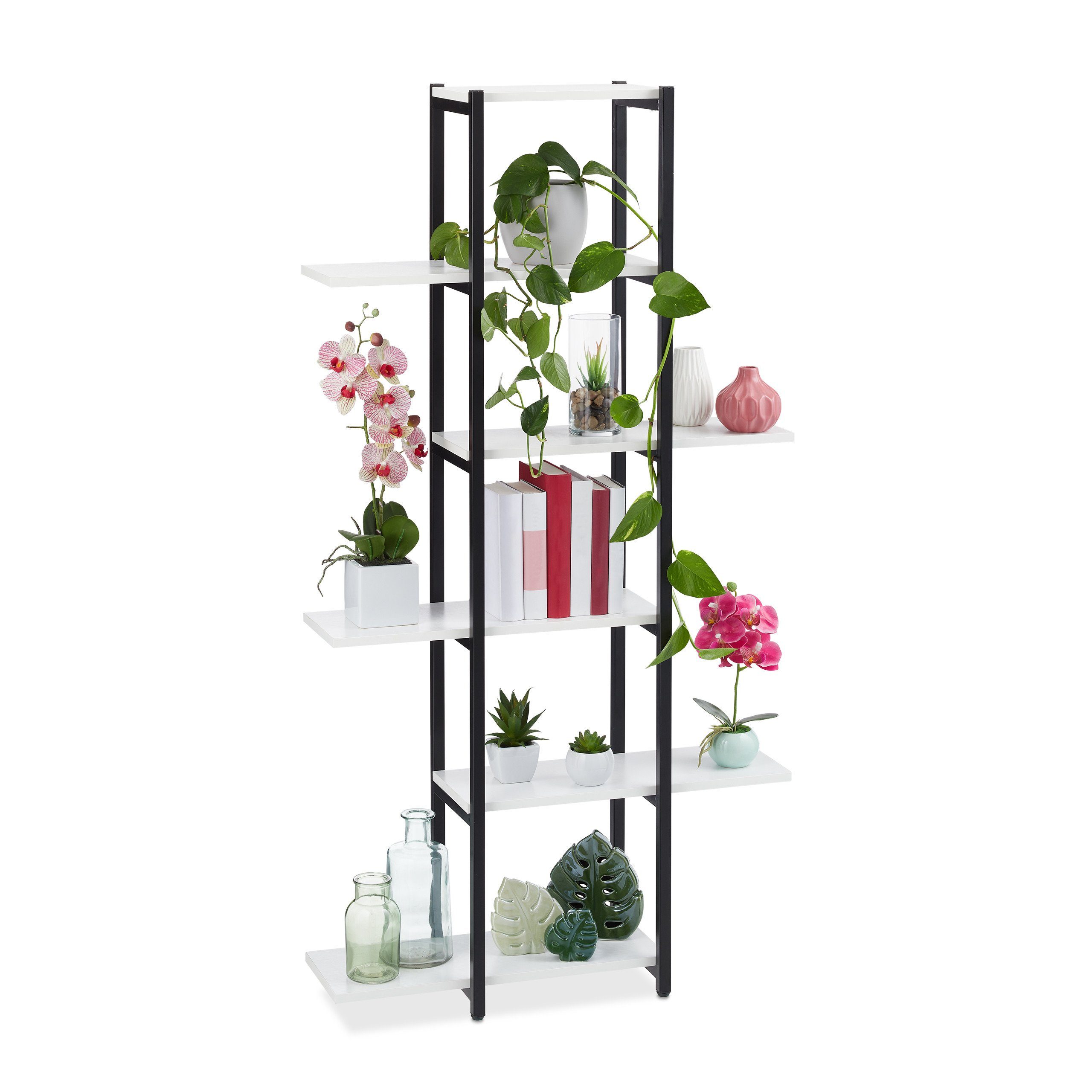 Top-Verkaufstrend relaxdays Blumenständer Pflanzenregal mit 6 Weiß Schwarz Weiß Ablagen