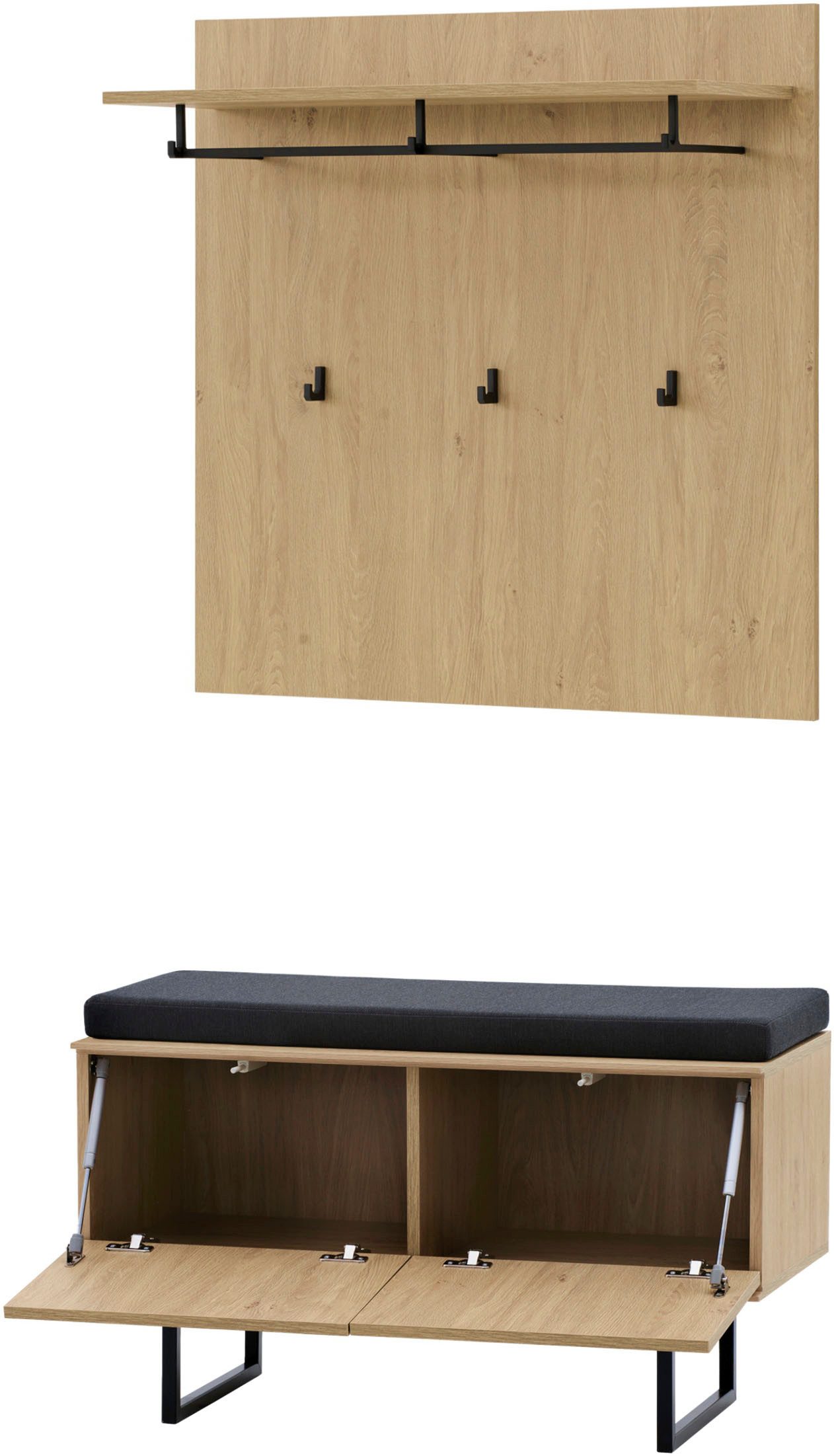 Home affaire Garderoben-Set Lund, moderne Garderobe, Komplettset mit viel Stauraum, (Set, 2-St), enthält Garderobenpaneel und Schuhbank inkl. Sitzkissen, 90 cm breit