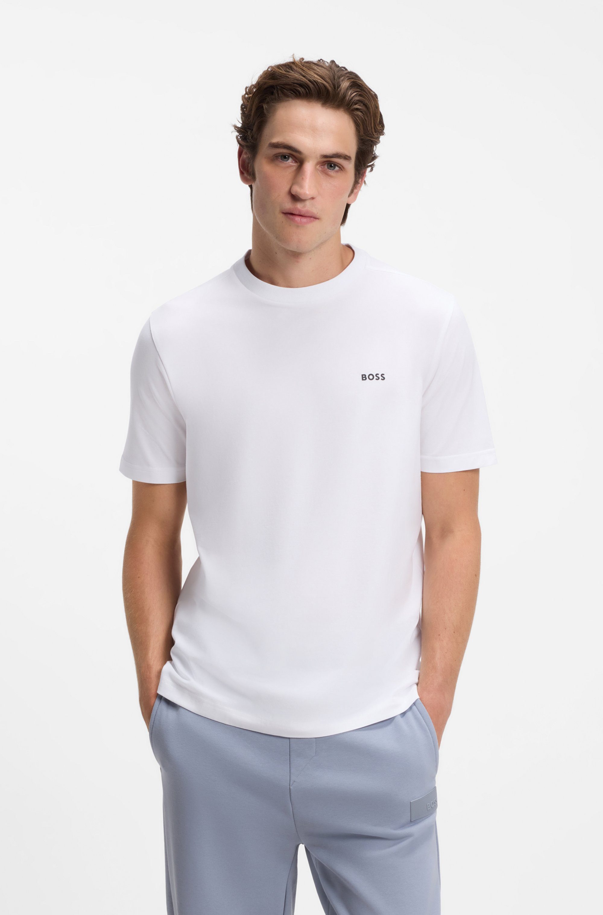BOSS GREEN Rundhalsshirt Tee Regular Fit Stretch Jersey Cotton, Logo on Chest, Rundhals