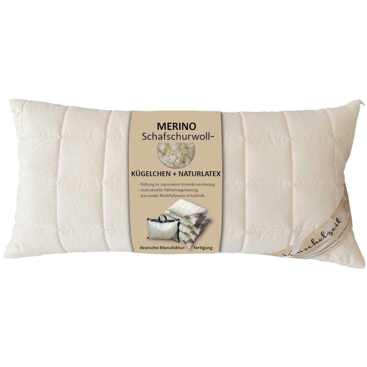 Meivita Naturfaserkopfkissen Merino Schafschurwolle Подушки, Füllung: 70% Latex (Naturlatexflocken) und 30% Wolle (Schurwollkügelchen), Bezug: 100% Baumwolle untersteppt mit 100% Wolle (Merino Schafschurwollvlies), Seitenschläfer, Rückenschläfer, Bauchschläfer, Подушки Hergestellt in Deutschland