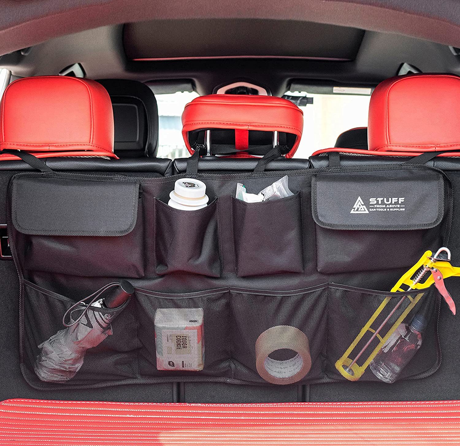 stuff from above Rücksitzorganizer für die Auto-Kofferraum-Rücksitzbank (84x46cm) - Extra starker Klett (Kofferraumorganizer mit 8 Fächern und faltbar, Aufbewah – Bild 3 von 5