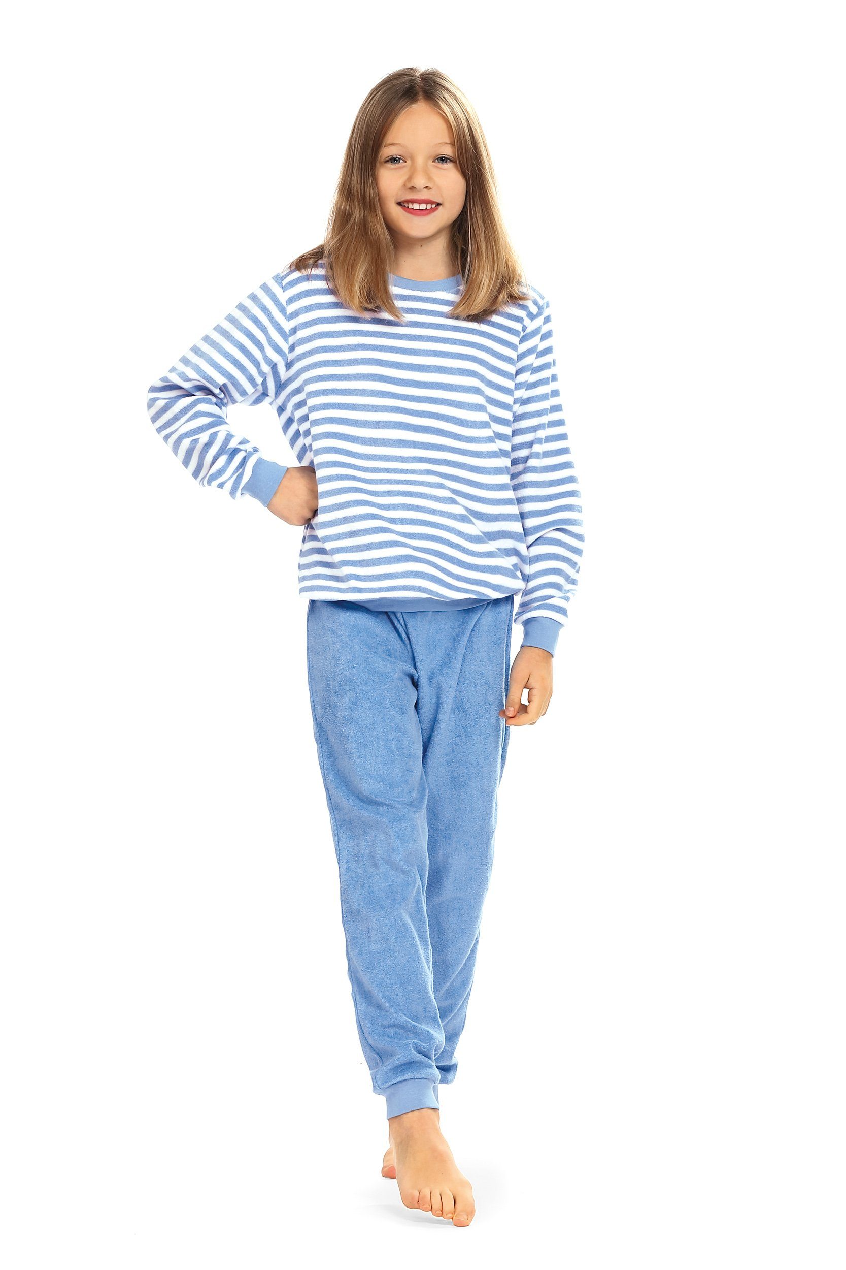 comtessa Schlafanzug Comte Kids (Set, Pyjama Frottee 2-teilig) Langarm Mädchen blau Schlafanzug Baumwolle 2 tlg., Ringel