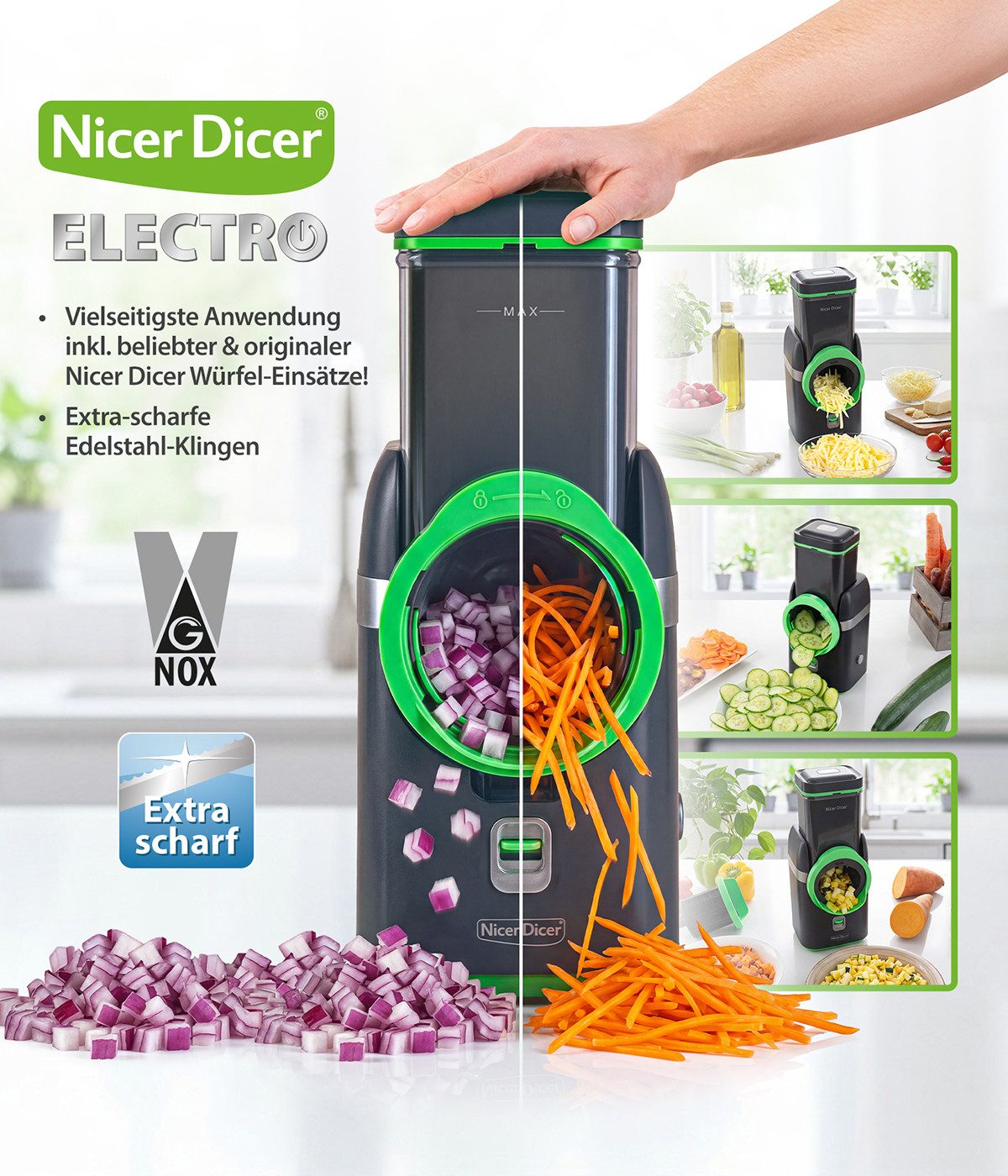 Genius Gemüseschneider Nicer Dicer Electro, 25 tlg, Gemüsehobel elektrisch, 6 Einsätze, 80 W, Extra-scharfe G-NOX Edelstahlklingen, einfache Reinigung, kompakt