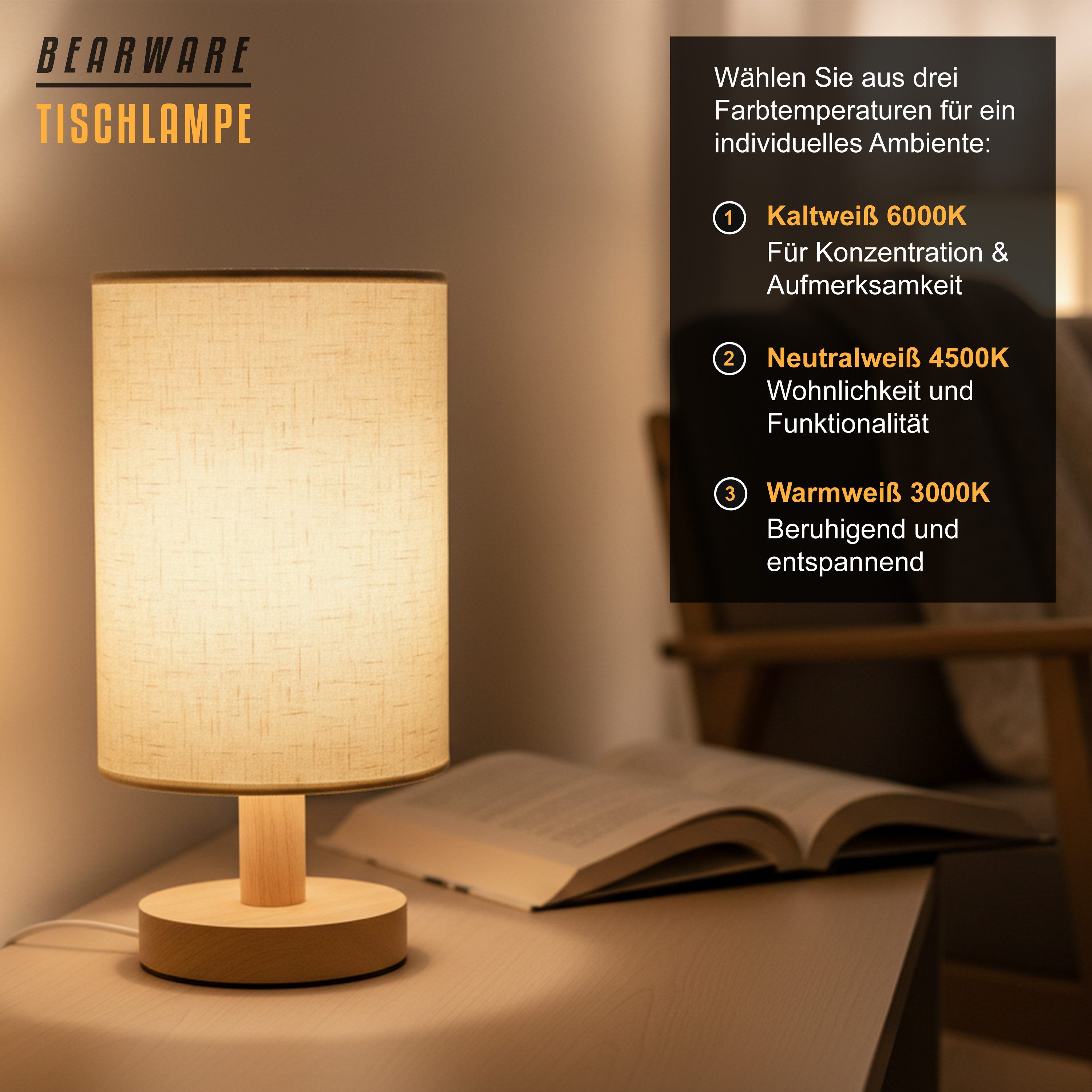 MyBeo LED Nachttischlampe mit Stoffschirm, rund, Nachtlicht, energieeffizient, Nachtlichtfunktion, LED fest integriert, Warmweiß, Neutralweiß, Kaltweiß, 3 Lichtmodi, 3 Watt, COB-Technik, 5V USB Anschluss