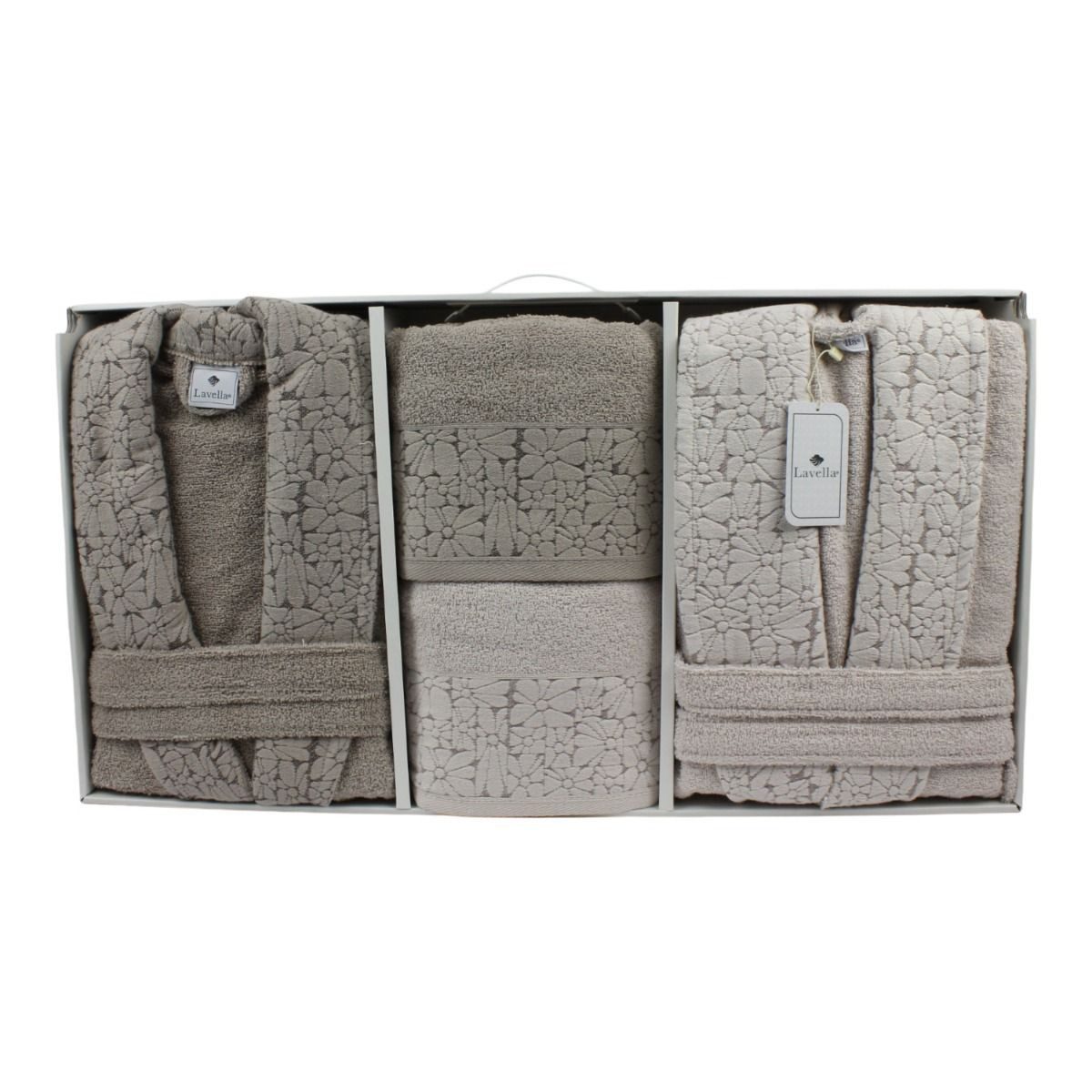 alesvelt Unisex-Bademantel Wellness Set 6 teilig aus Baumwolle, 2x Bademantel, 2x Badetuch,2x Handtuch, mit Gürtel, Baumwolle
