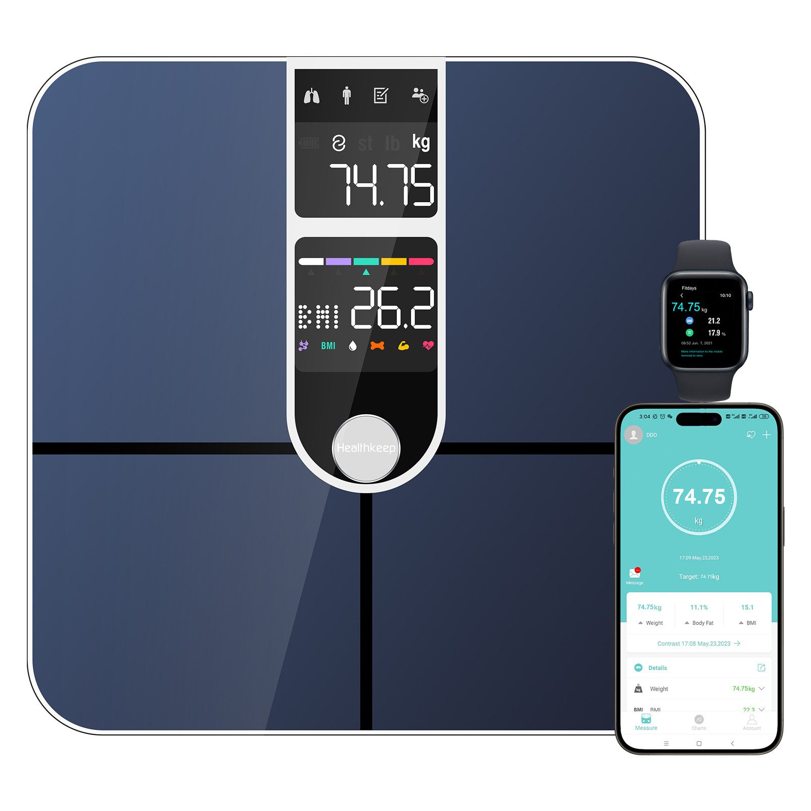 Healthkeep Körper-Analyse-Waage Intelligente Körperwaage mit Bluetooth 2 VA-Displays 16 Körperdaten, ITO-Beschichtungstechnologie App-kompatibel mit Android und iOS, Max. 180 kg/400 lb/28 st