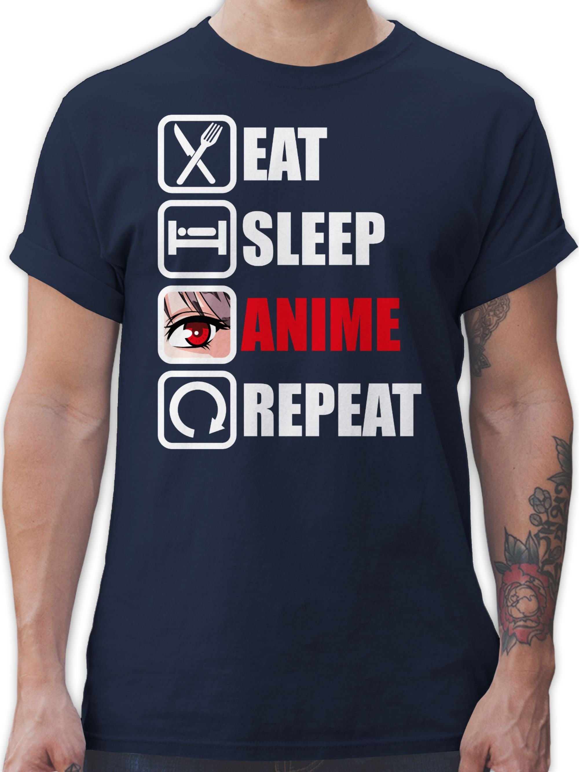 Shirtracer T-Shirt Eat sleep Anime repeat - Manga Japan Anime Geschenke 2 Navy Blau