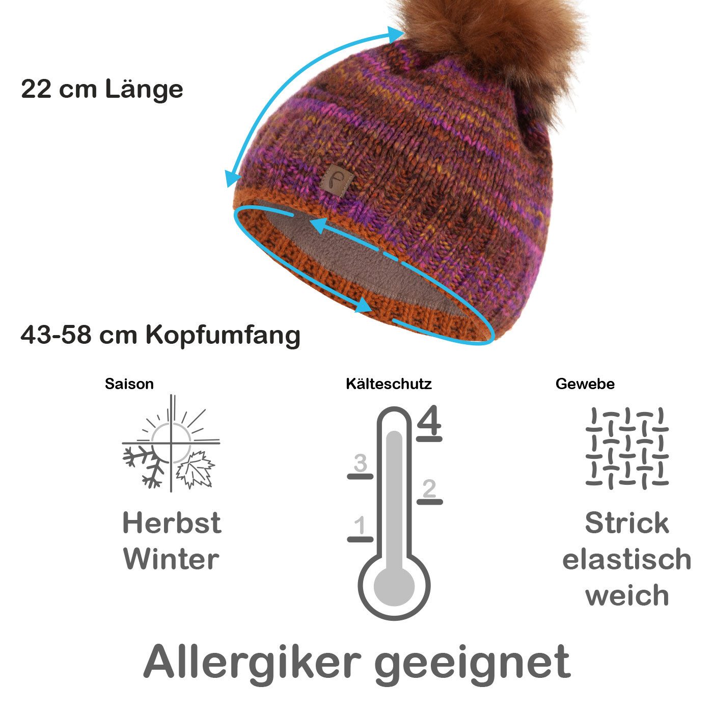Faera Bommelmütze Wintermütze Damen Herren Mütze Beanie Haube gefüttert Bommelmütze 11