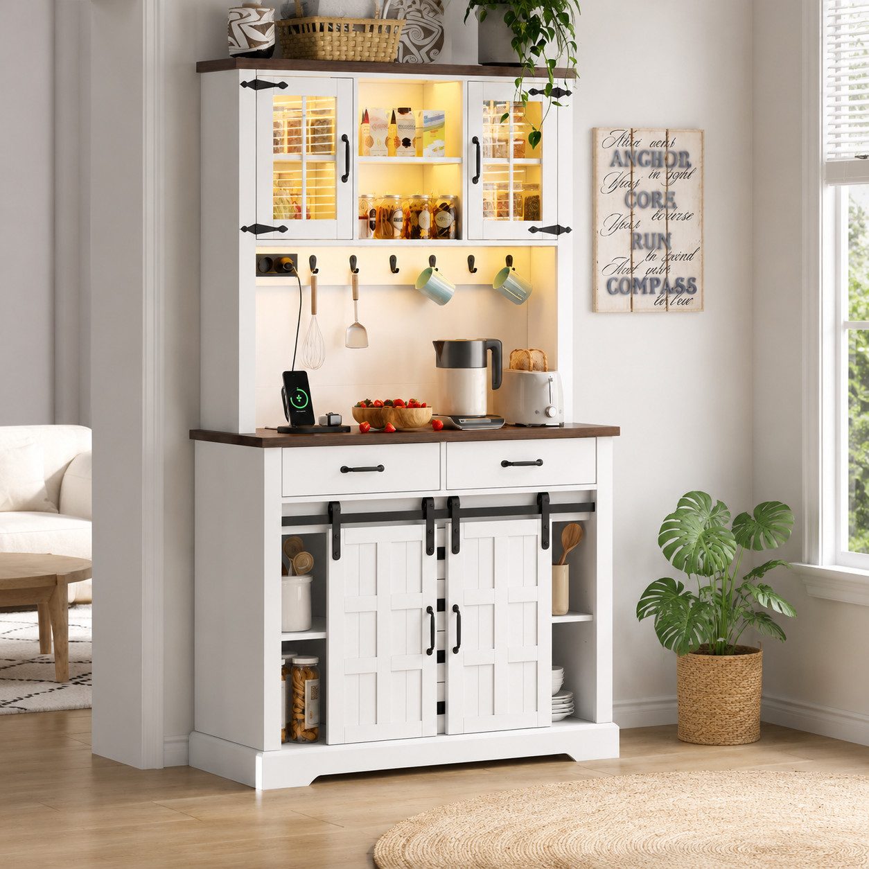 BlingBin Sideboard Küchenbuffet mit Steckdose und LED-Beleuchtung,181 × 108 × 40 cm,Weiß (3 Packung, 1 St., mit 6 Schubladen, verstellbare Einlegeböden, Haken), Küchenmöbel mit Arbeitsplatte,für Esszimmer, Wohnzimmer und Küche
