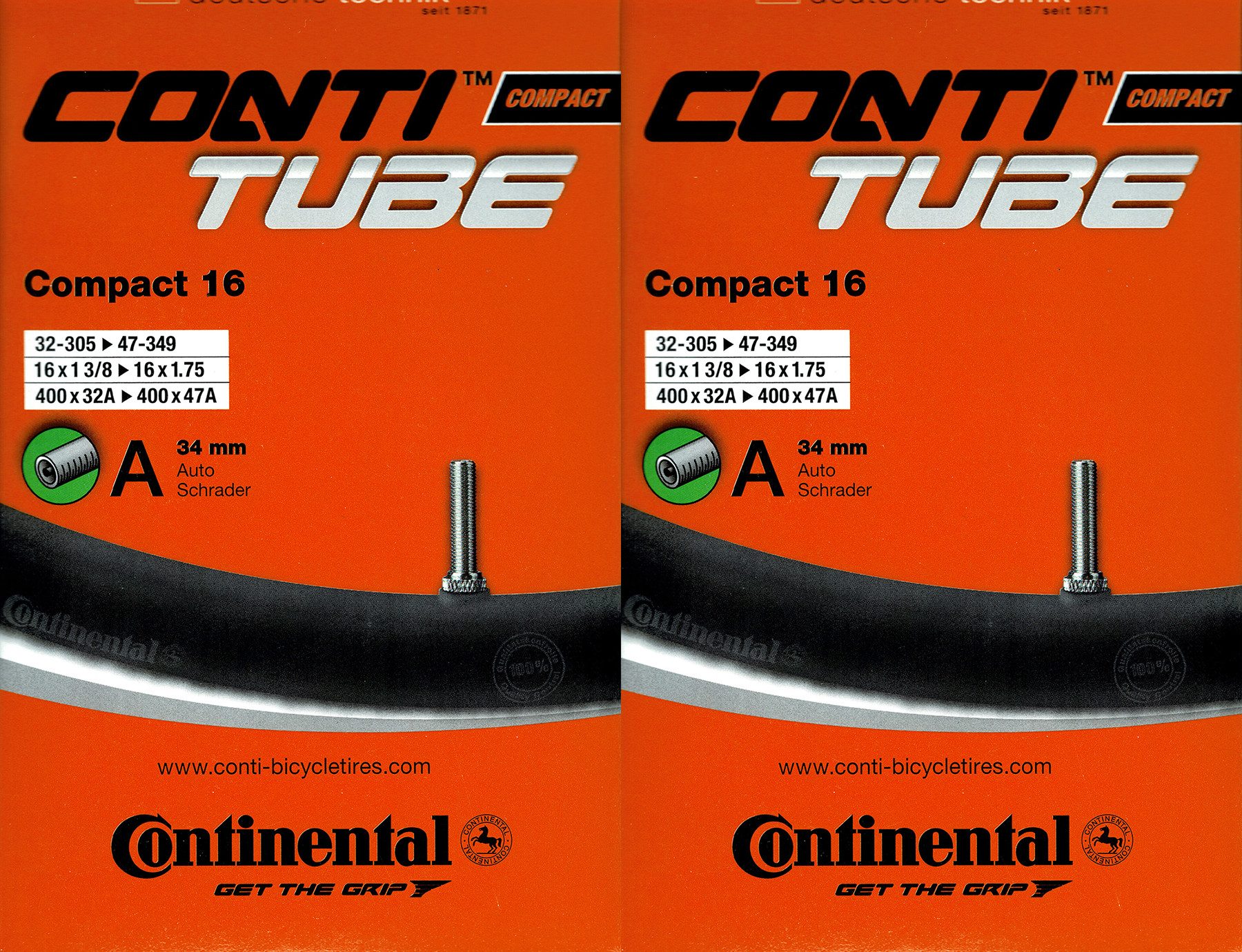 CONTINENTAL Fahrradschlauch 2x Continental Compact 16 Schlauch 16 Zoll AV (32/47-305/349) AV 34mm, 1,50, 1 1/2, 1 5/8, 1,95, 2,00, 1 3/8, 1 1/8, 2,10, 1 1/4, 1,25, 1,20, 1,35, 1,90, (2-St)