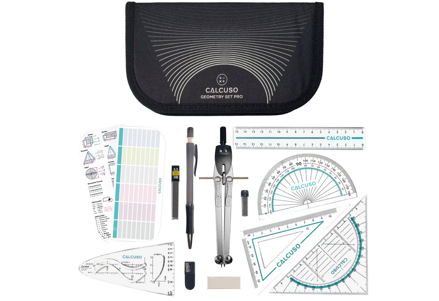 CALCUSO Zirkel Set im Federmäppchen mit Geodreieck & Lineal, Geometrieset - Schwarz