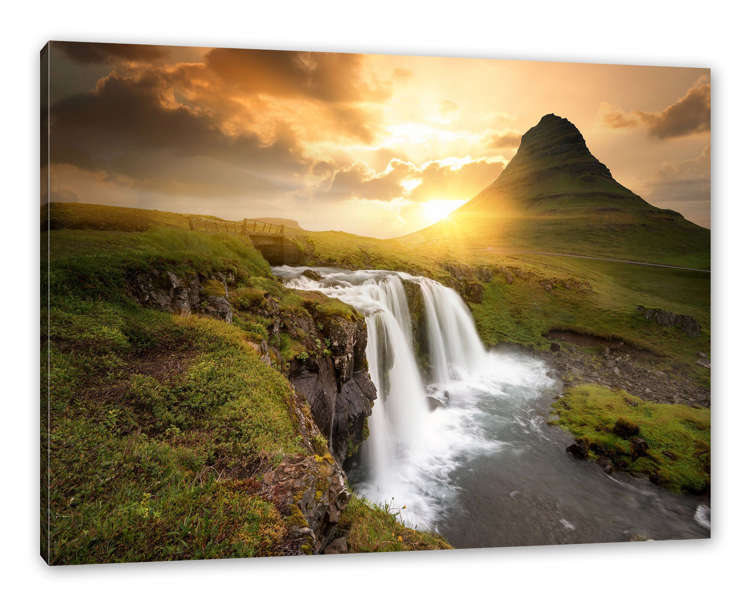 Leinwandbild bei Leinwandbild Wasserfall inkl. fertig St), Sonnenuntergang (1 Pixxprint bei bespannt, Sonnenuntergang, Zackenaufhänger Wasserfall