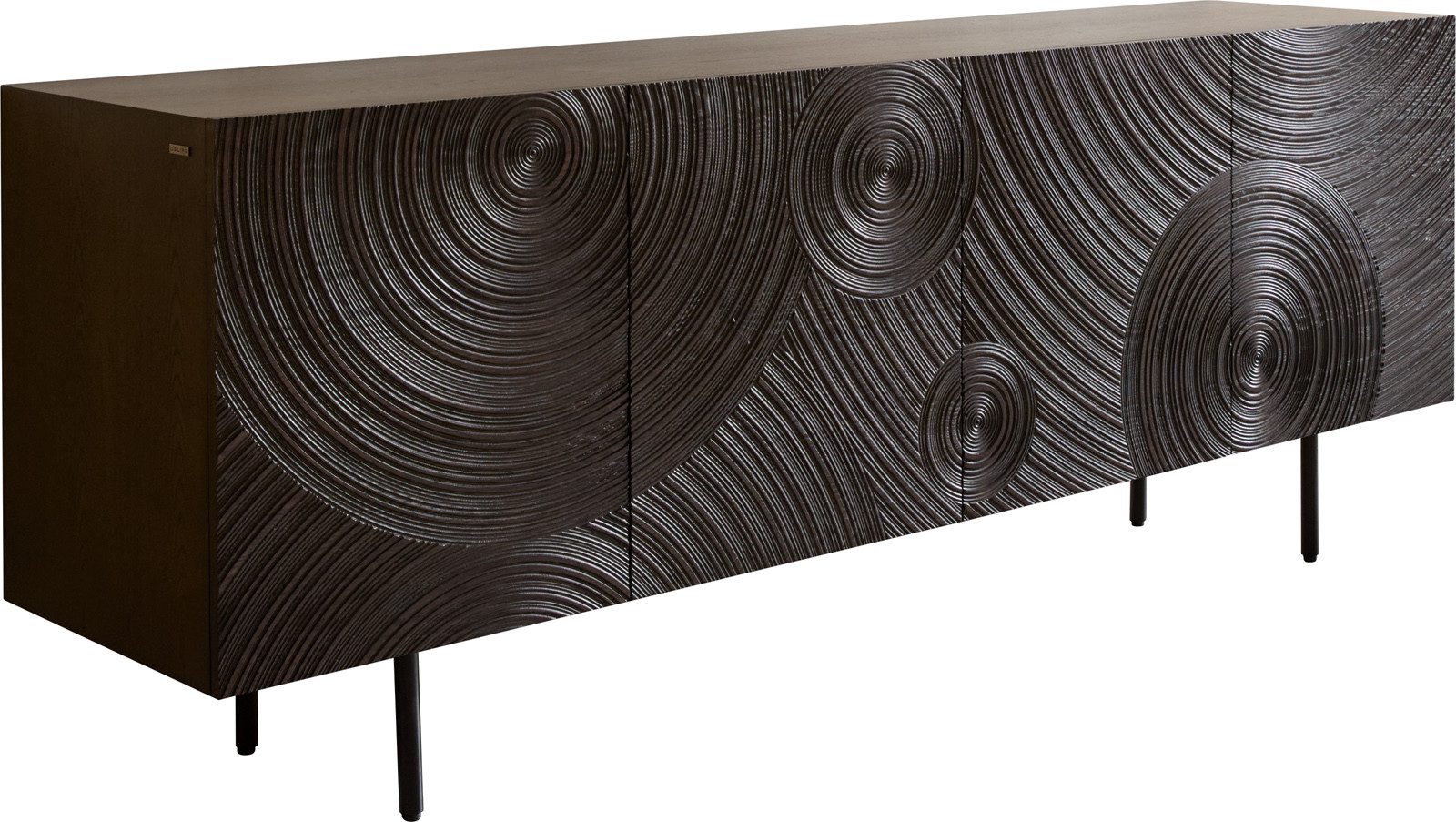 DELIFE Sideboard Ashara, Esche Dunkelbraun 3D Effekt 200 cm 4 Türen Rundfuß Metall Schwarz Side
