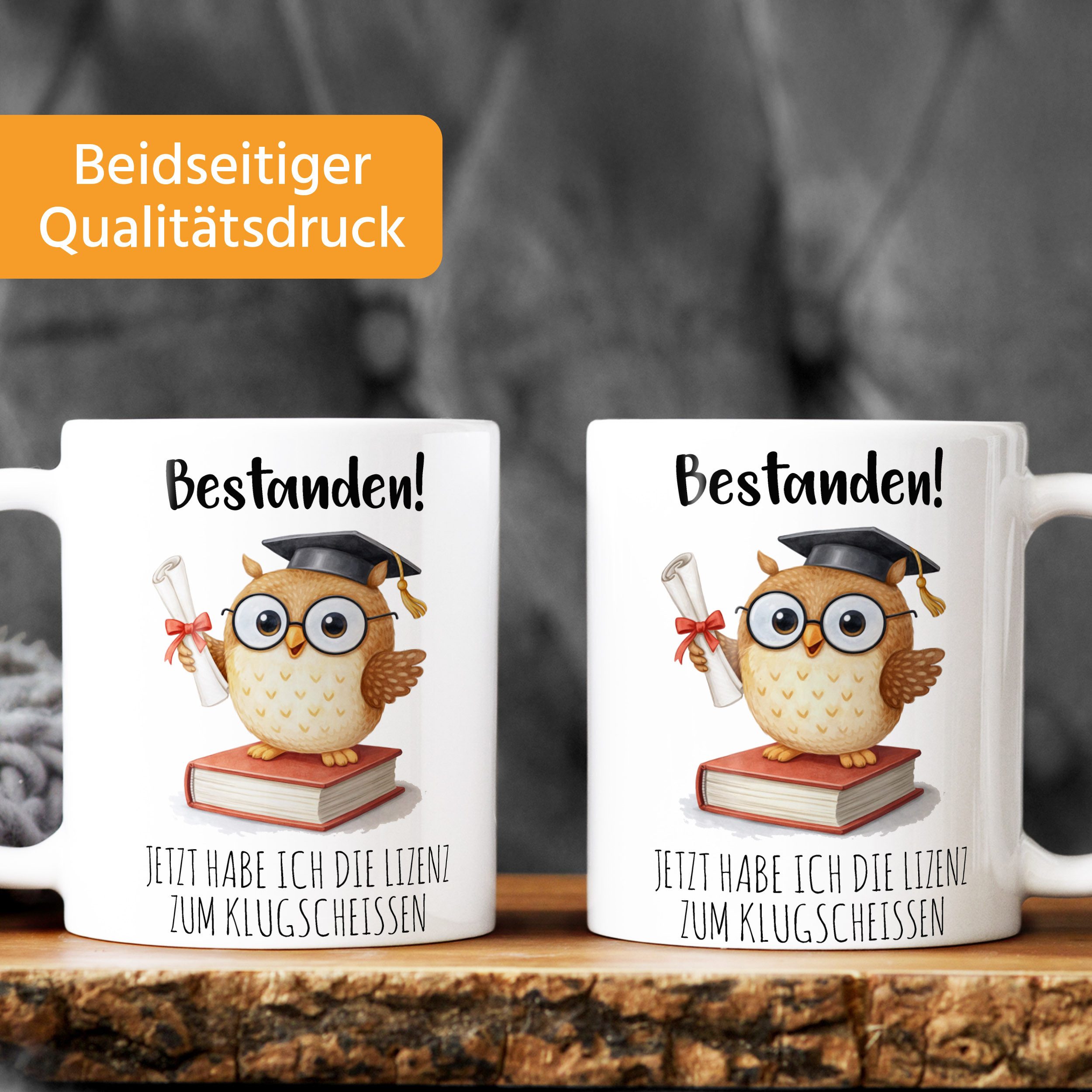MoonWorks Tasse Kaffee-Tasse lustige Eule - Geschenk Abschluss Bestanden Spruch, Keramik
