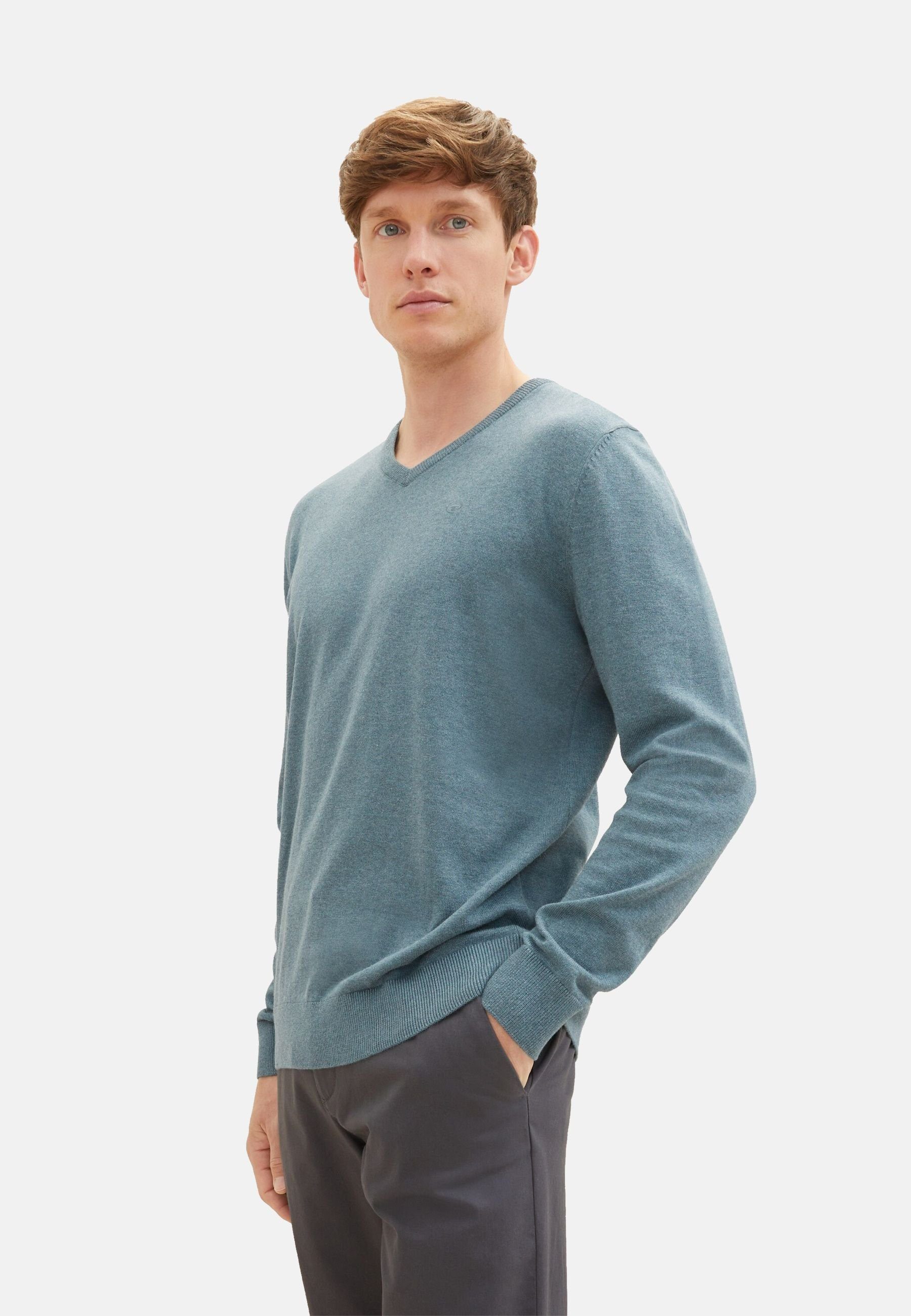 (1-tlg) TOM Pullover Sweatshirt grün Rippbündchen Sweatshirt TAILOR mit meliert