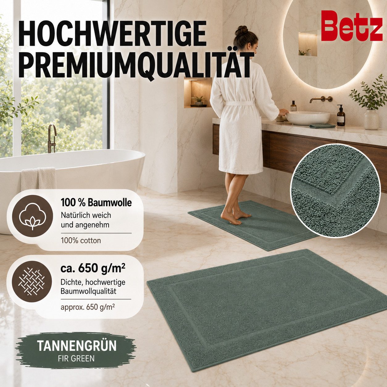 Betz Badematte 2 Stück Badvorleger Premium Badteppich Größe 50x70 cm, unbeschichtet, beidseitig nutzbar, beidseitig nutzbar, Baumwolle, Qualität 650g/m² – Bild 4 von 5