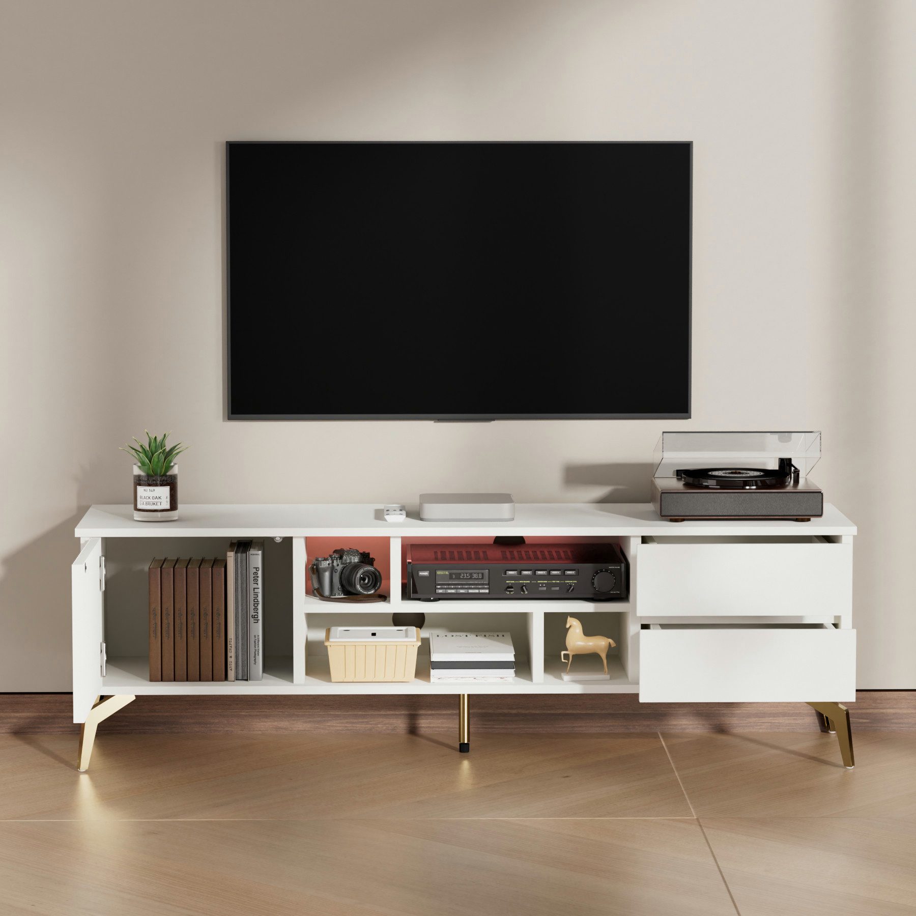 Yorbay TV-Schrank 147cm LED Lowboard, mit 2 Schubladen, 3 Fächer, Kabelmanagement, Weiß (in 1 Packung) Verschiedene Stauraum