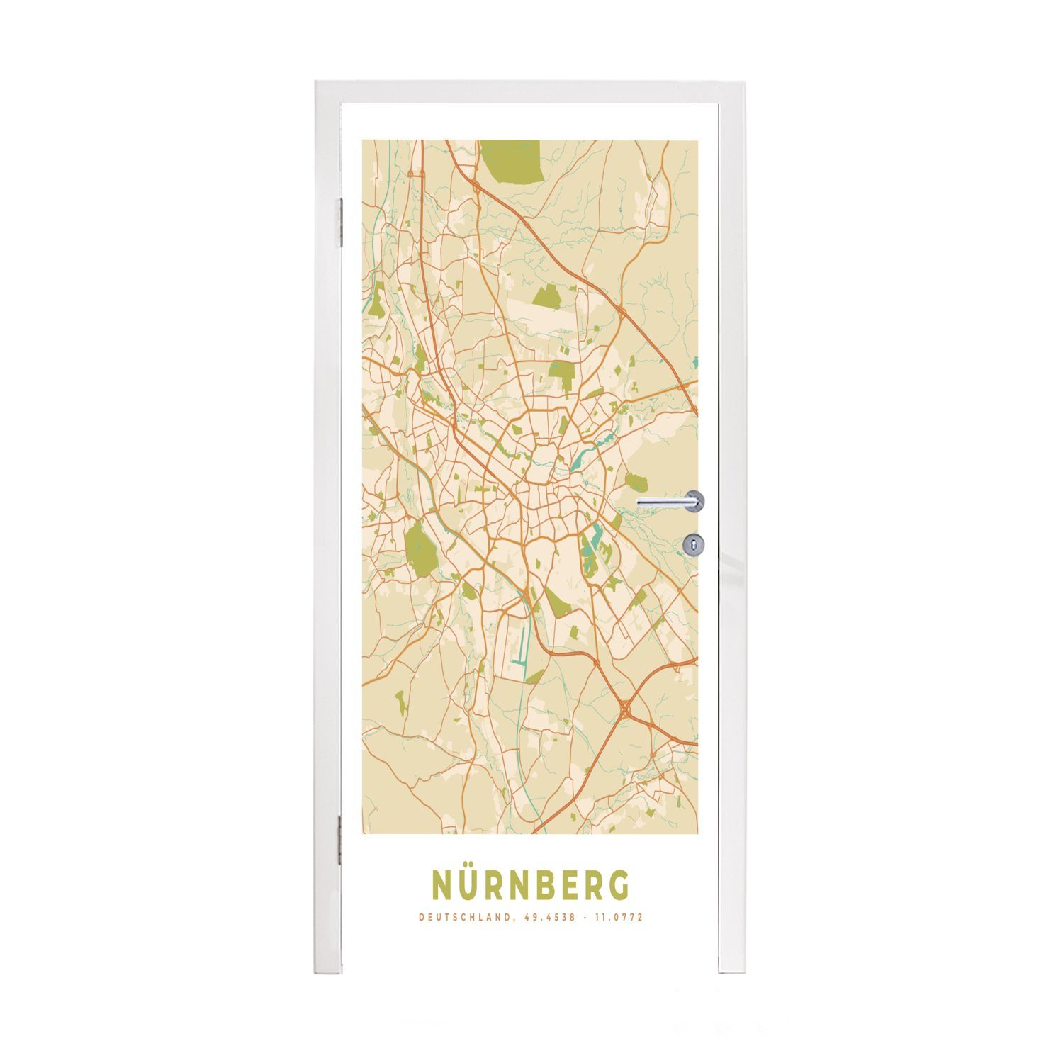 75x205 Vintage Türtapete MuchoWow Nürnberg Karte (1 bedruckt, für Karte cm - Stadtplan, Matt, Fototapete - St), - Tür, - Türaufkleber,