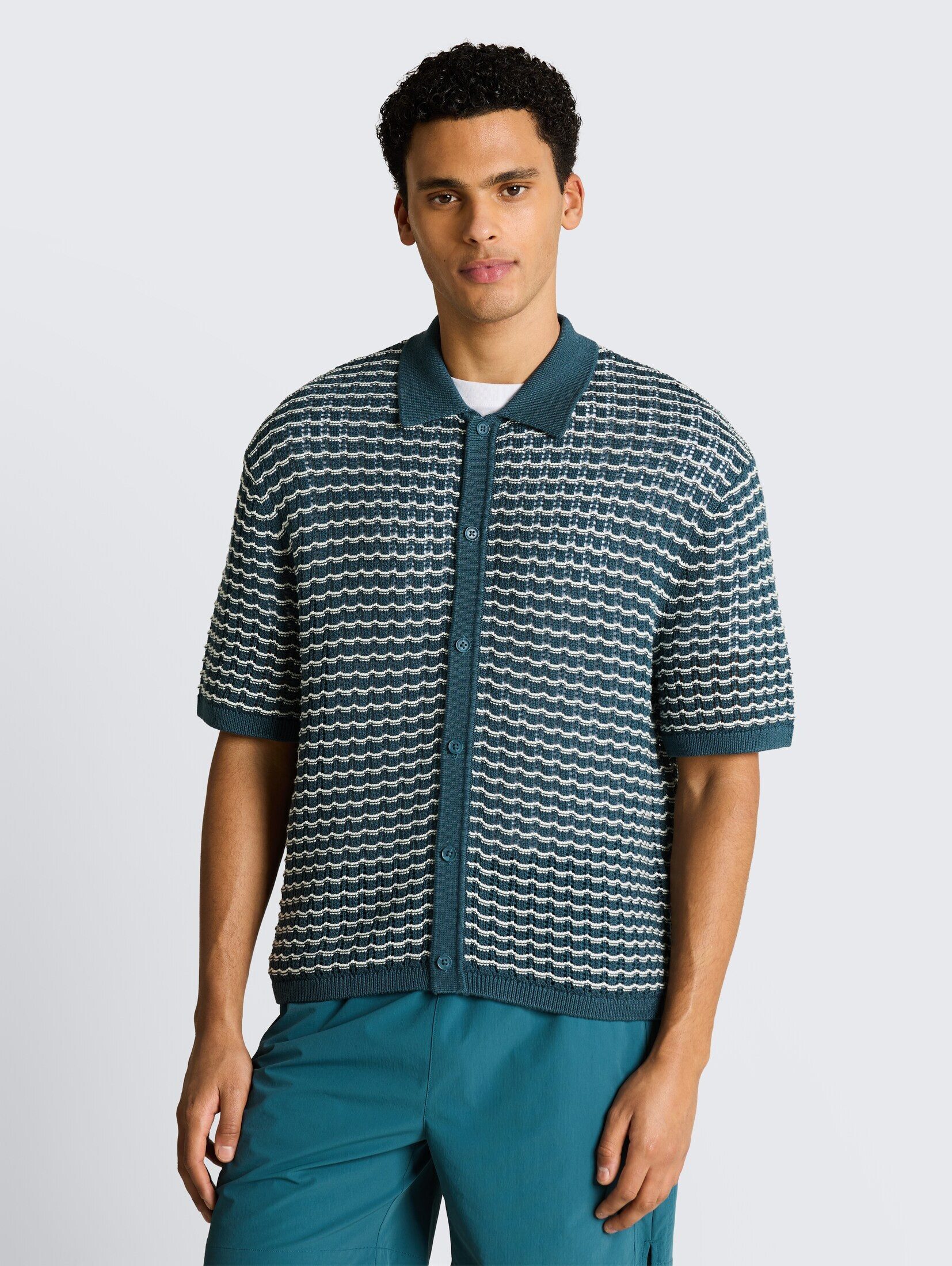 TOM TAILOR Denim Kurzarmhemd Pullover & Strickjacken Strick-Poloshirt mit Lochmuster