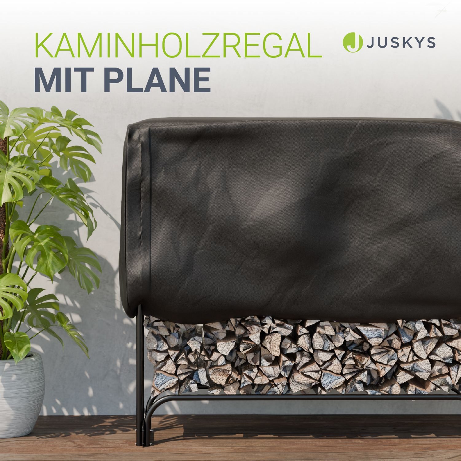 Juskys Kaminholzregal, BxTxH:260x36x117 cm, aus Metall mit Abdeckplane, Witterungsbeständig, 300 kg belastbar