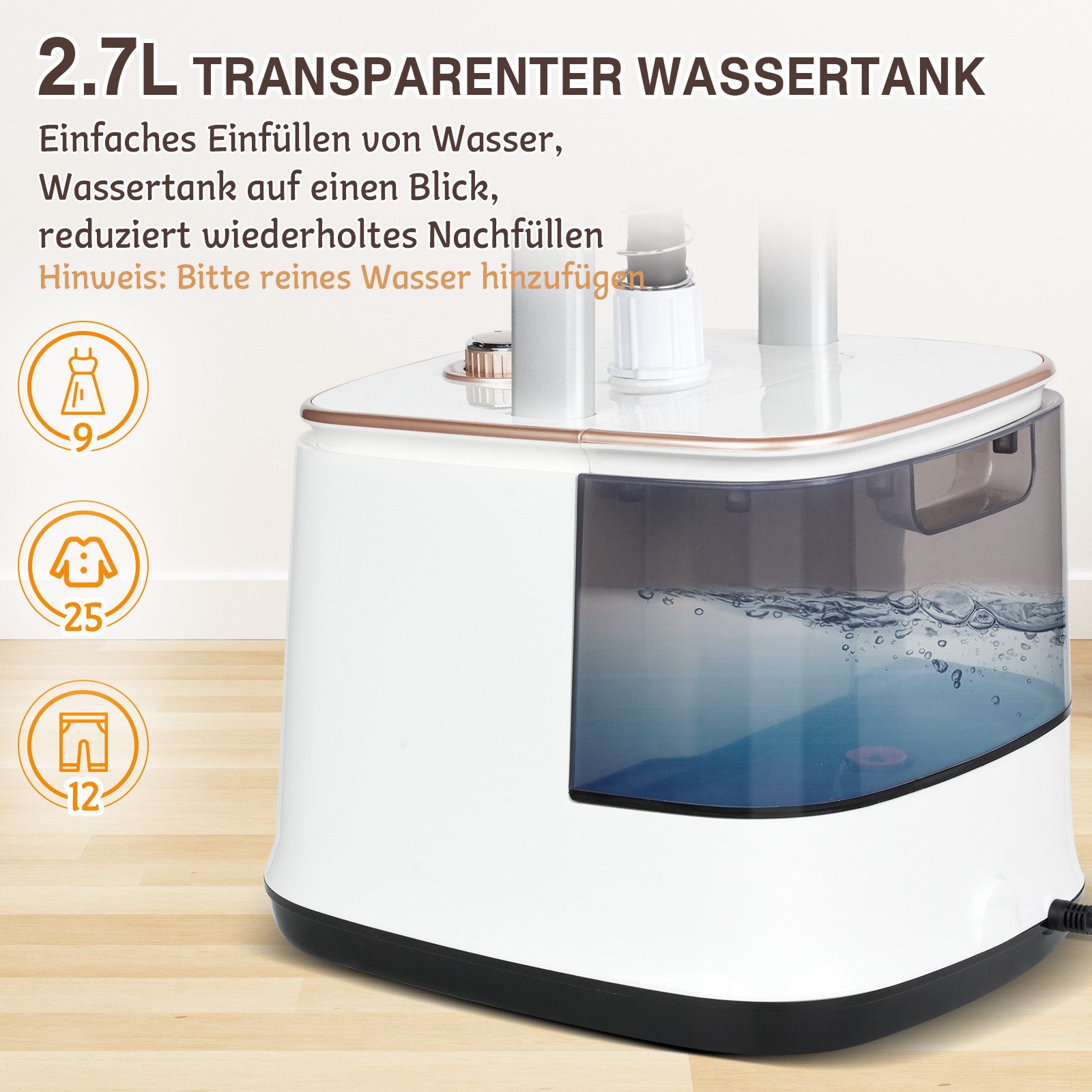 Rebonique Dampfglätter 2-in-1 Kleiderdampfer mit 2,7L Wassertank 10 Dampfstufen Dampfglätter, 2000 W, 30s Schnelles Aufheizen, Vertikaldampf & Horizontalbügeln