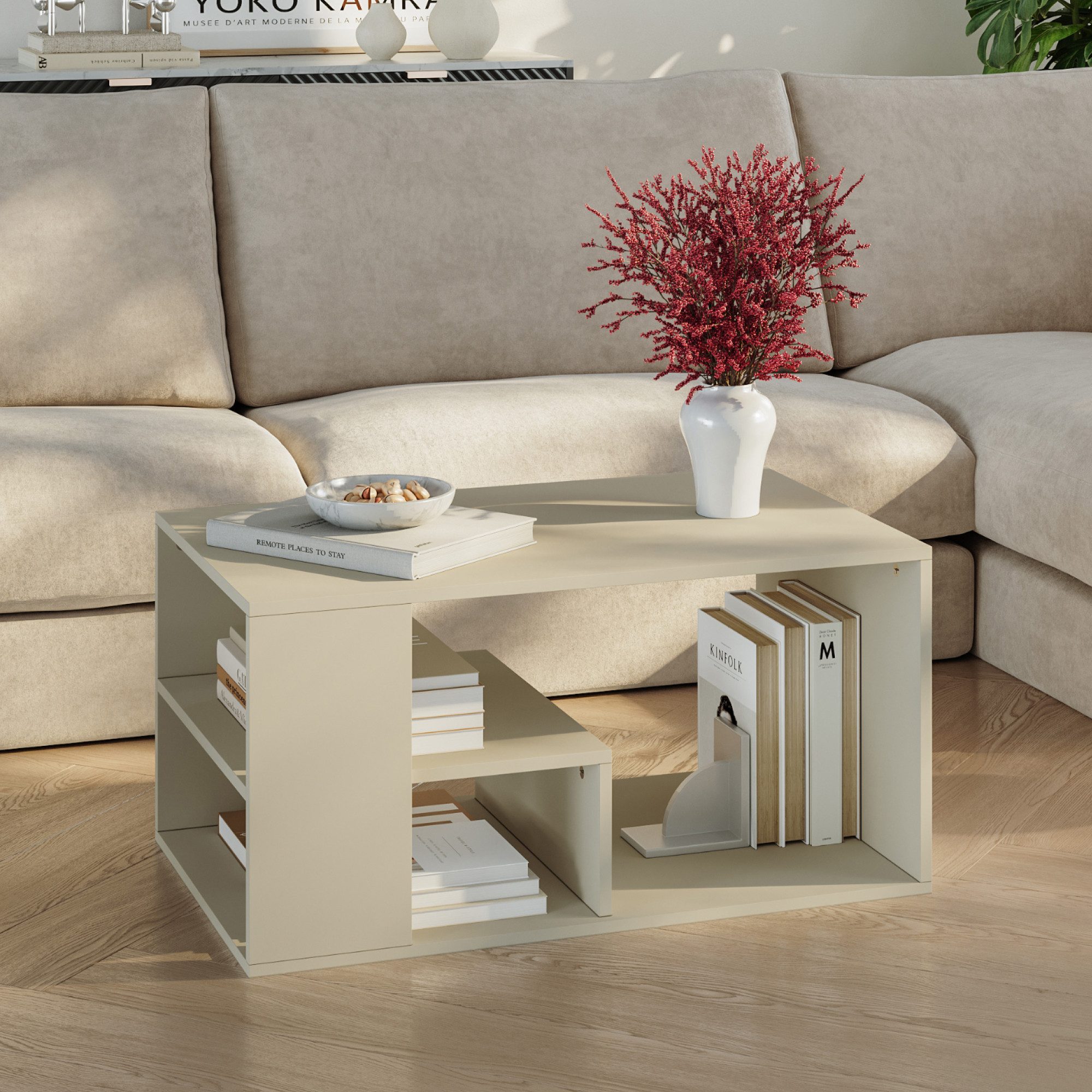 en.casa Couchtisch, »Antaa« 80 x 50 x 40 cm mit Stauraum rechteckig Sandfarben