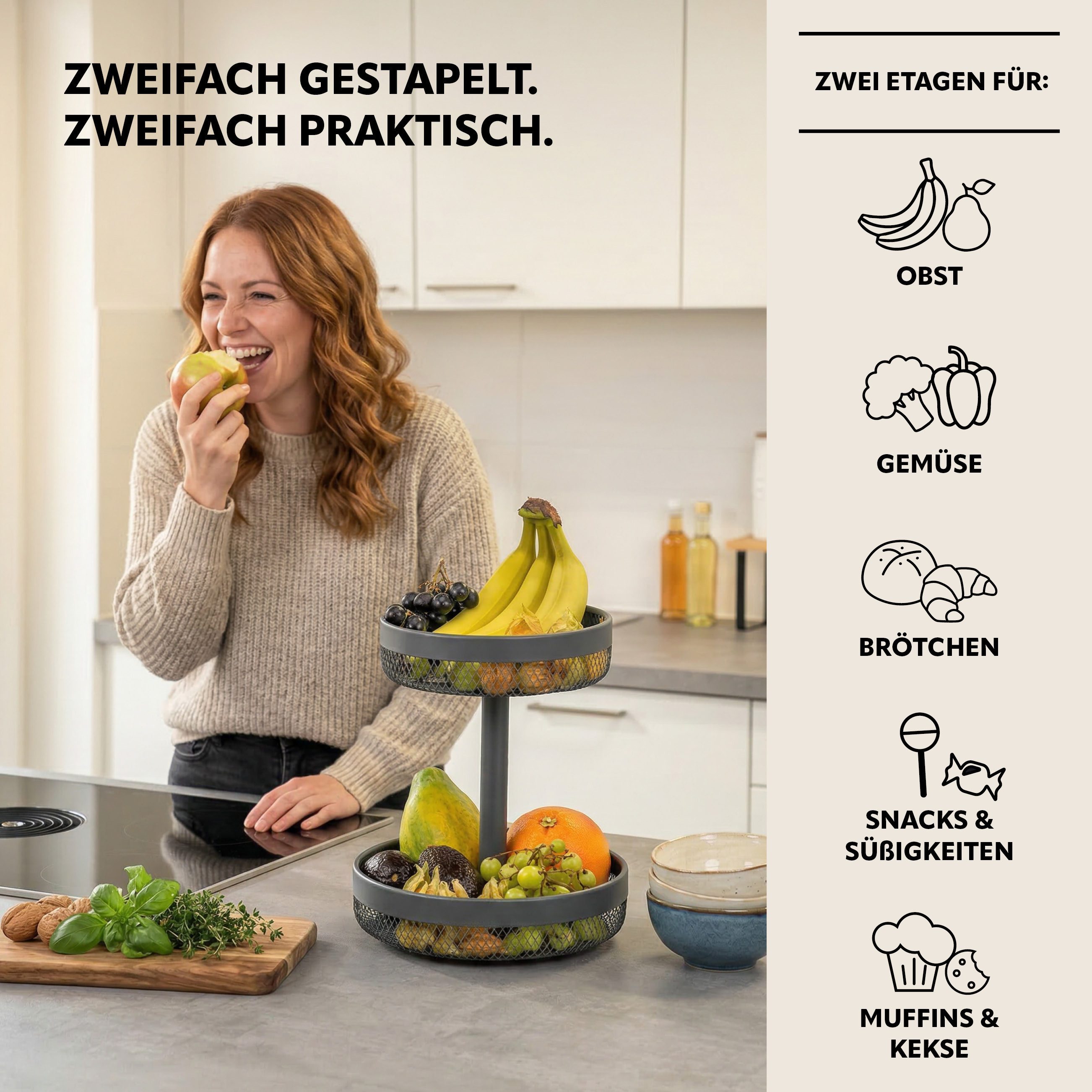 eluno Obstschale 2-stöckig, rund, Ø 20 cm und 25 cm, aus Metall, Metall, 2-stöckig