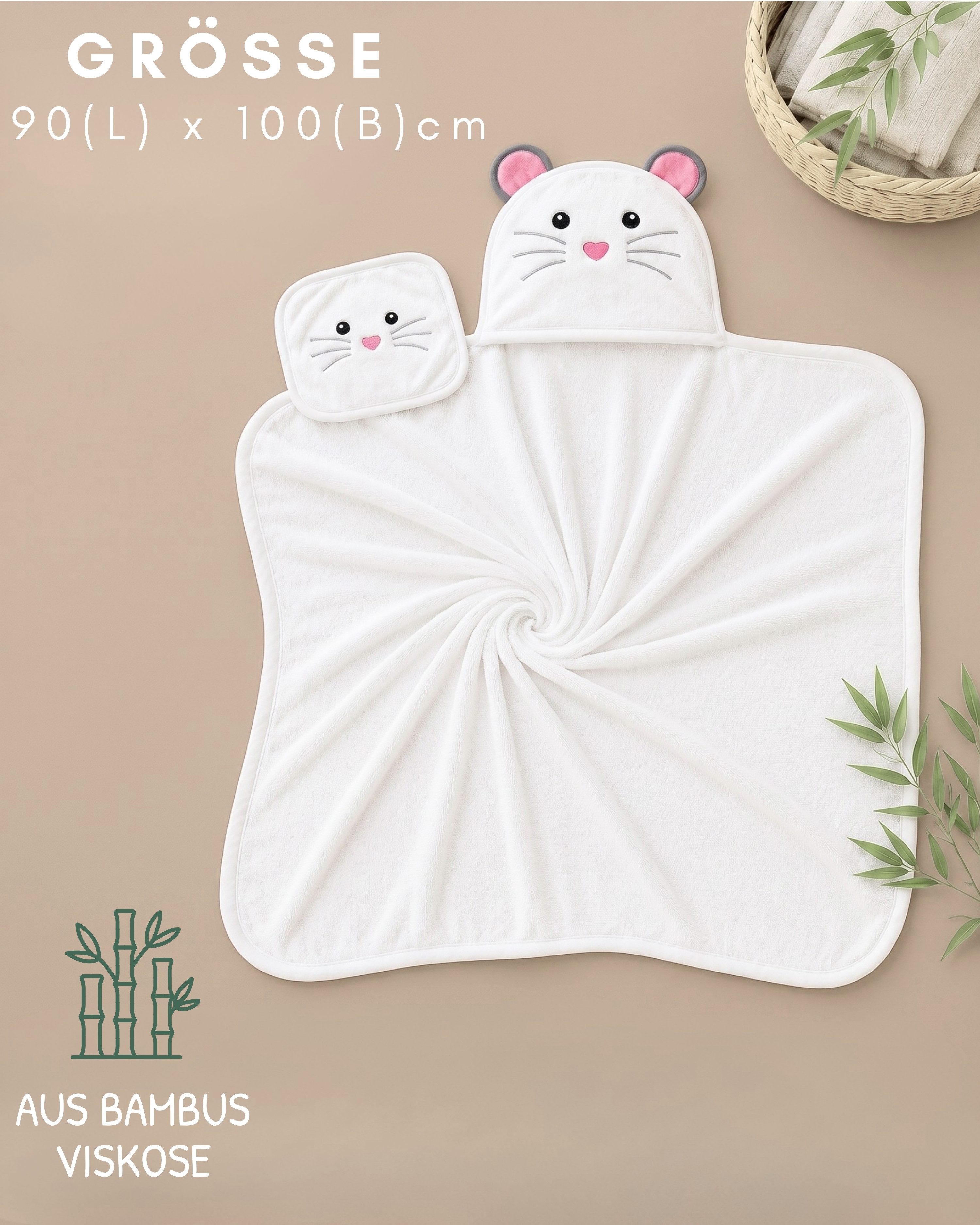 HECKBO Kapuzenhandtuch Maus inkl. Waschlappen, ab 0 Jahren, 2 Druckknöpfe, Baby Geschenk