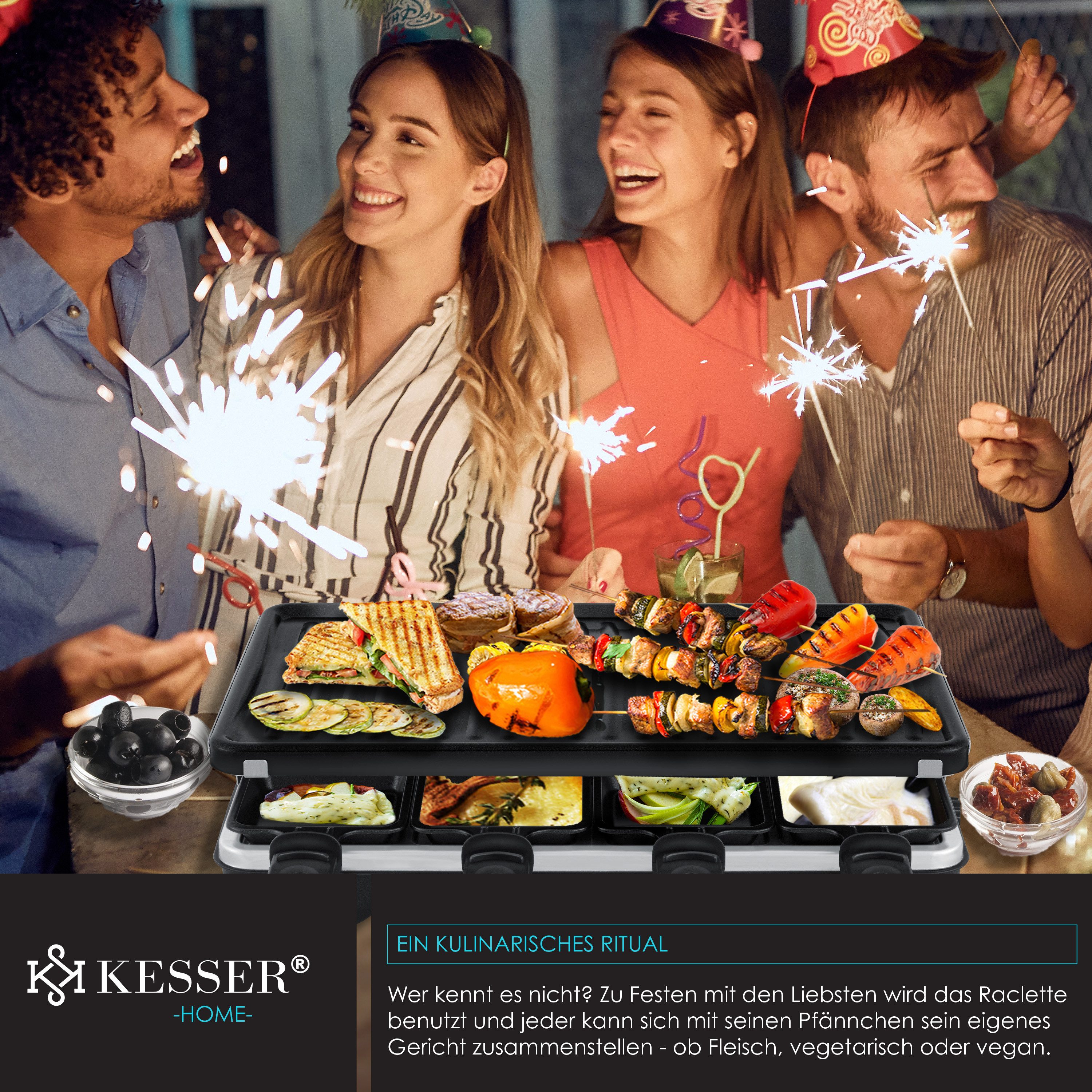 KESSER Raclette, 8 Raclettepfännchen, 1200 W, Raclette-Grill mit Naturgrillstein, Grillplatte Tischgrill