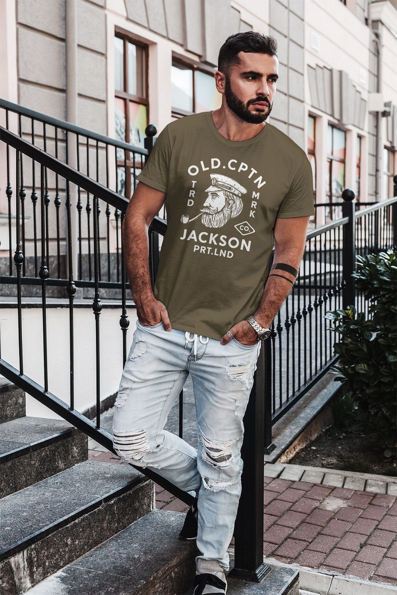 grün Retro Herren Cptn Print Print-Shirt Motiv Jackson Print-Shirt T-Shirt Aufdruck Kapitän Neverless® mit Neverless Old