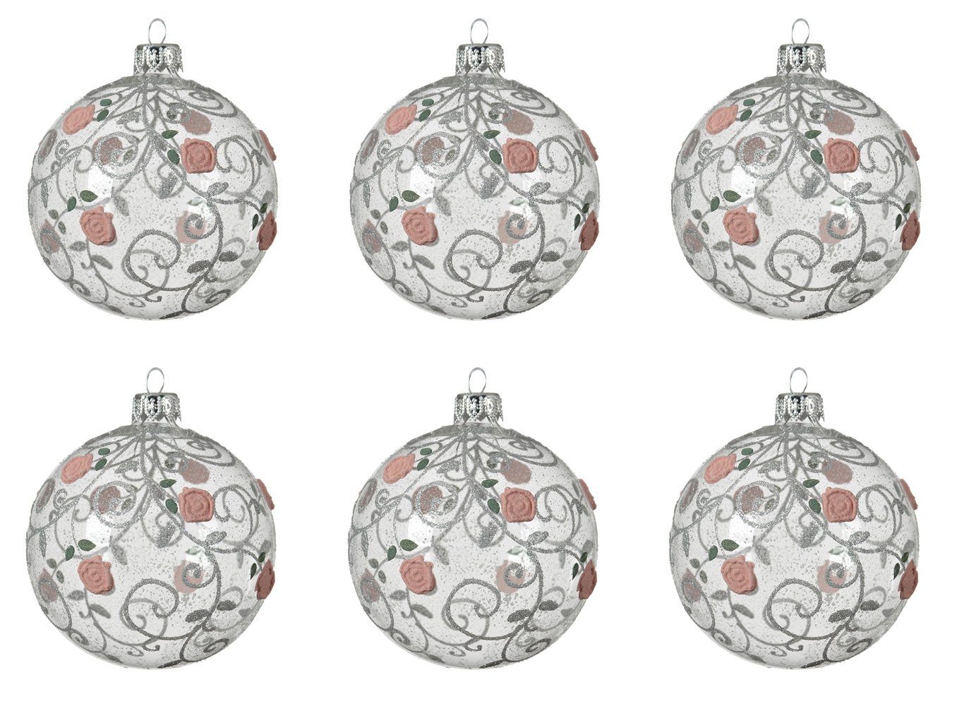 Decoris season decorations Weihnachtsbaumkugel, Weihnachtskugeln Glas mit Rosen Muster 8cm klar transparent, 6er Set