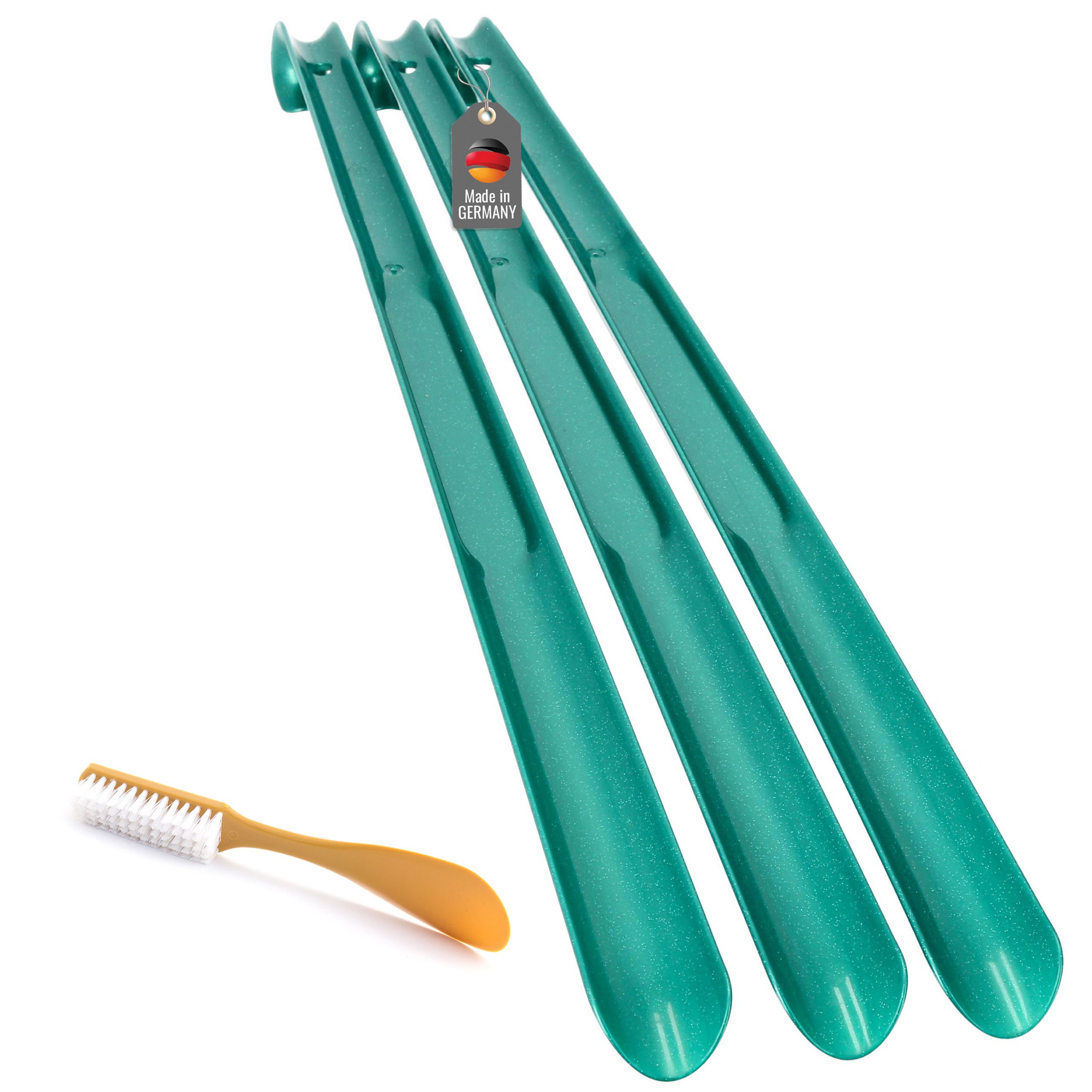 Lantelme Schuhlöffel 3 Stück 65cm und Schuhbürste im Set 4 Tlg. Schuhanzieher Kunststoff, Schuhanziehhilfe Deutsche Herstellung mit Farbauswahl