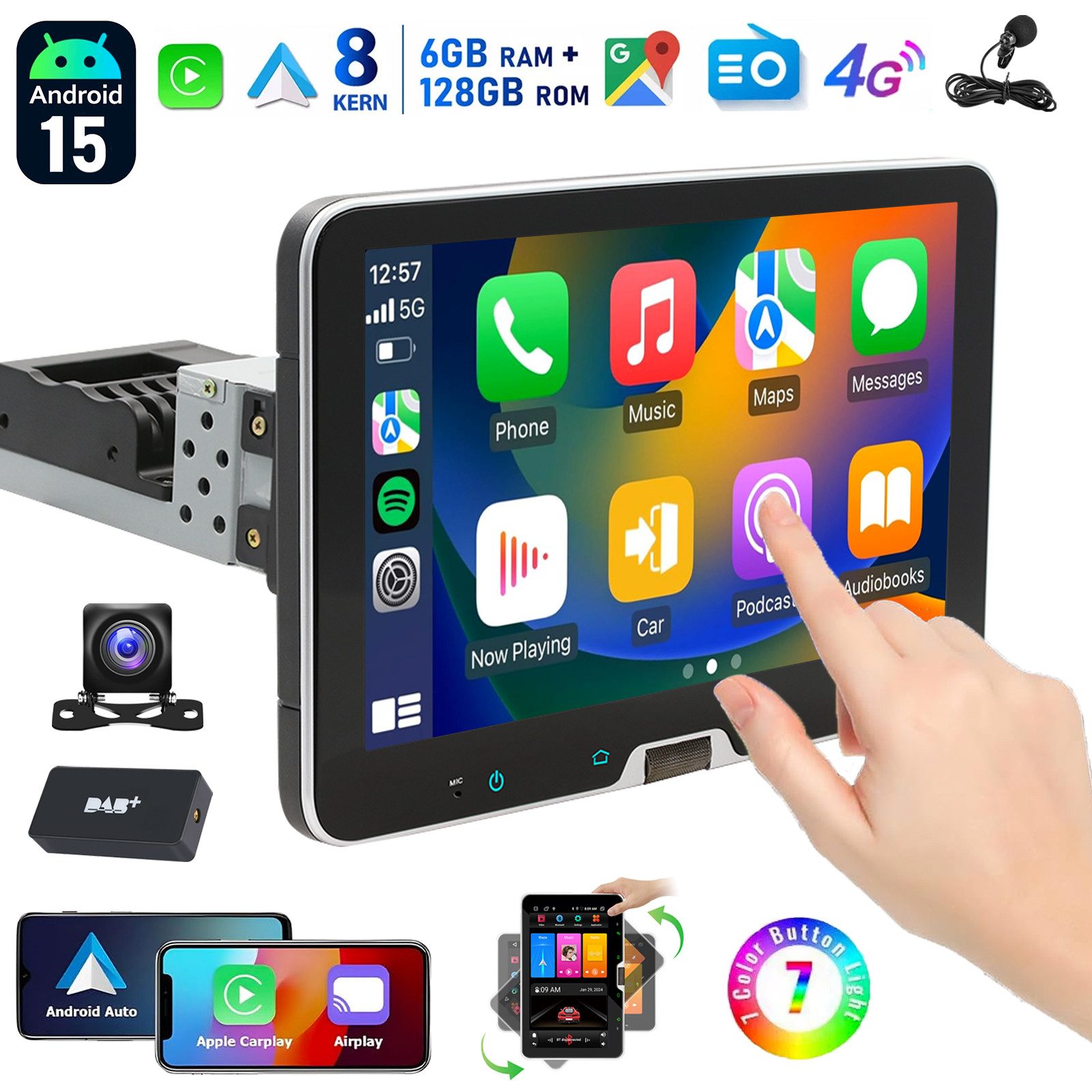 ESSGOO 64G DAB+ Autoradio 1DIN Android15 Carplay Radio Navi WiFi 360° drehbar Navigationsgerät (Carplay Android Auto Bluetooth EQ USB GPS Navi WIFI Touchscreen)