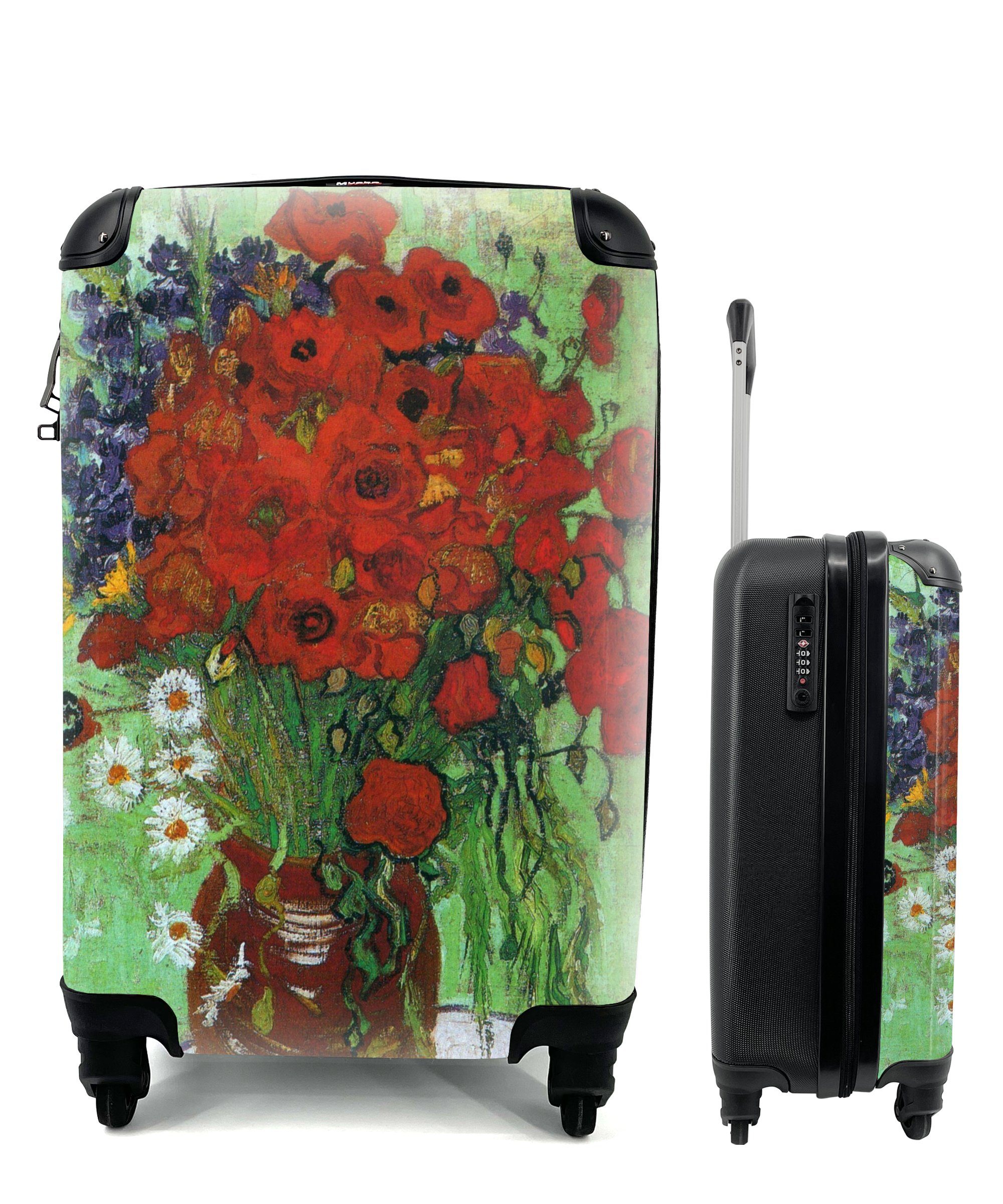 Ferien, MuchoWow van Vase - mit roten Handgepäck Rollen, Gogh, Trolley, Gänseblümchen 4 Vincent Mohnblumen rollen, und mit Handgepäckkoffer Reisetasche Reisekoffer für