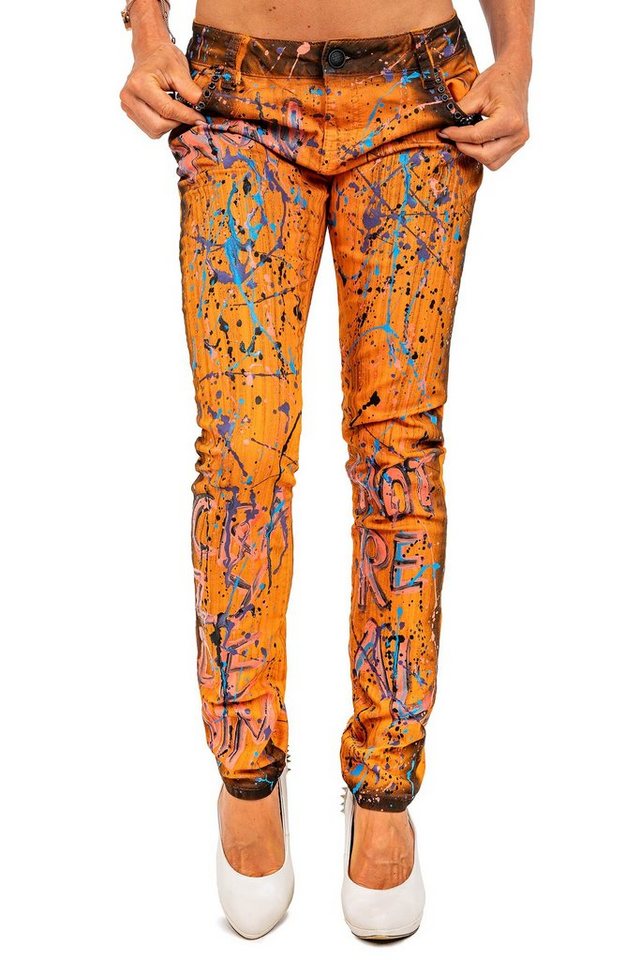 Cipo & Baxx Slim-fit-Jeans Damen Slim Fit Hose Mid Waist BA-WD445 in Orange mit Modischen Farbklecksen