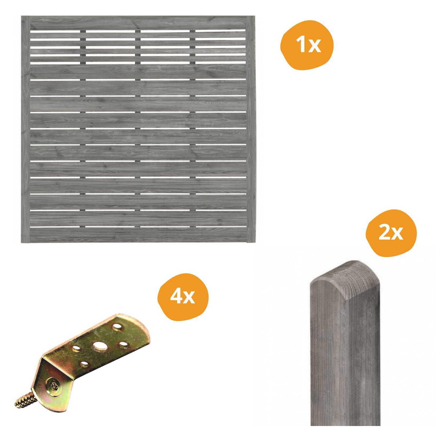 Mega-Holz Sichtschutzelement Sichtschutzzaun Set Sina mit Gitter Grau 1 Zaunfeld inkl. Material, (Sparset, 7-St)