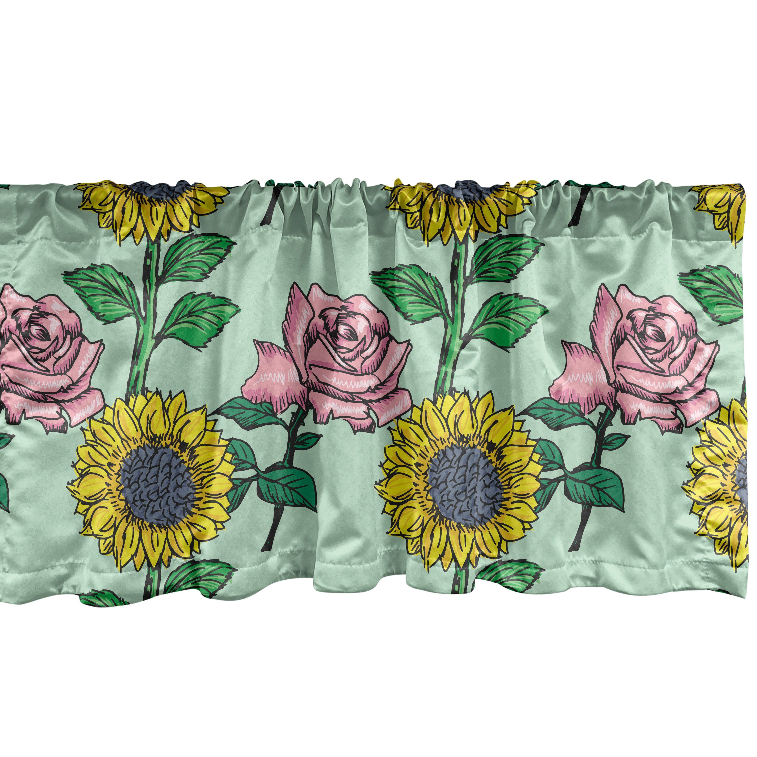 Scheibengardine Vorhang Volant für Küche Schlafzimmer Dekor mit Stangentasche, Abakuhaus, Microfaser, Blume Sonnenblumen und Rosen