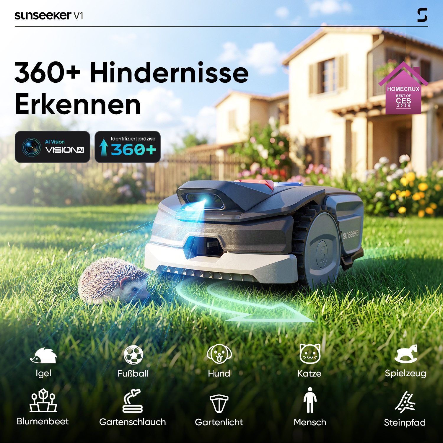 Sunseeker Rasenmähroboter V1, bis 300 m² Rasenfläche, (Packung), Ein-Klick-Mähen, Vision AI, 27% Steigung, 55 dB, App-Steuerung