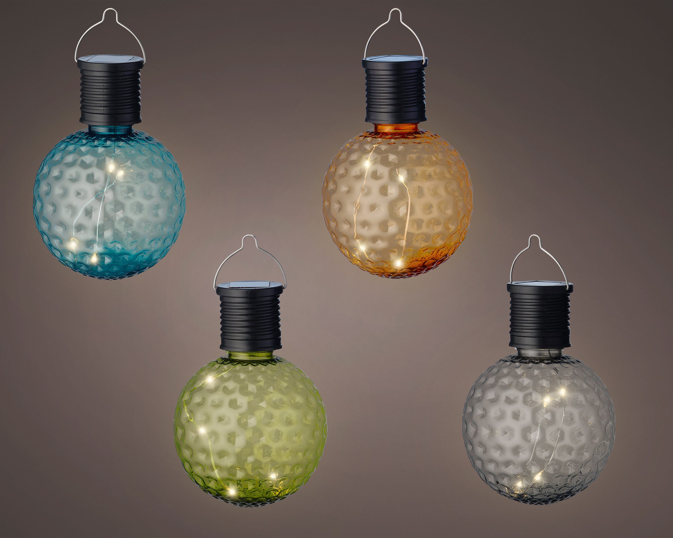 Lumineo LED Solarleuchte, Dauerlicht, warmweiß, Solar Gartenleuchte LED Kugel Glühbirne 8x11cm Kunststoff 4er Set