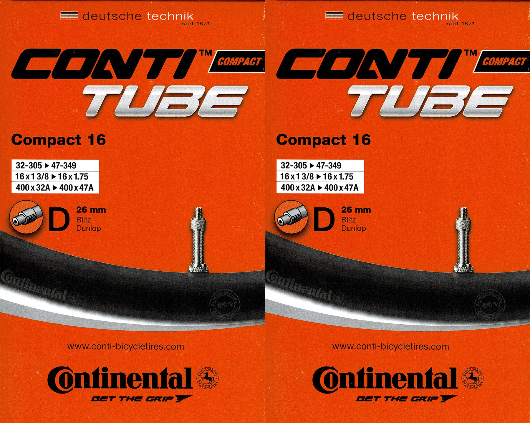 CONTINENTAL Fahrradschlauch 2x Continental Compact 16 Schlauch 16 Zoll DV (32/47-305/349) DV 26mm, 1,50, 1 1/2, 1 5/8, 1,95, 2,00, 1 3/8, 1 1/8, 2,10, 1 1/4, 1,25, 1,20, 1,35, 1,90, (2-St)