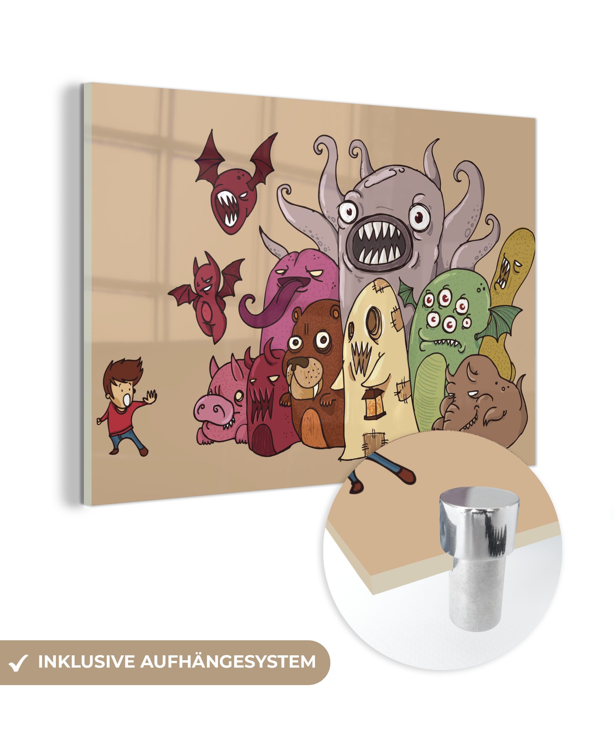 MuchoWow Acrylglasbild Absurde Monster mit einem verängstigten Jungen, (1 St), Acrylglasbilder Wohnzimmer & Schlafzimmer