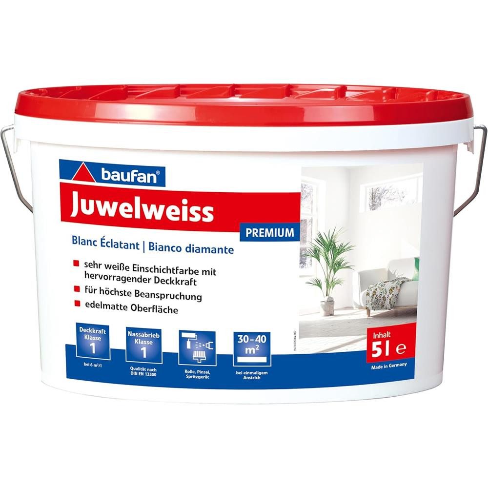 baufan® Wandfarbe Juwelweiss 5L Premium weiße Innenfarbe matt hochdeckend, Kontrastverhältnis Klasse 1, frei von Lösungsmitteln & Weichmachern