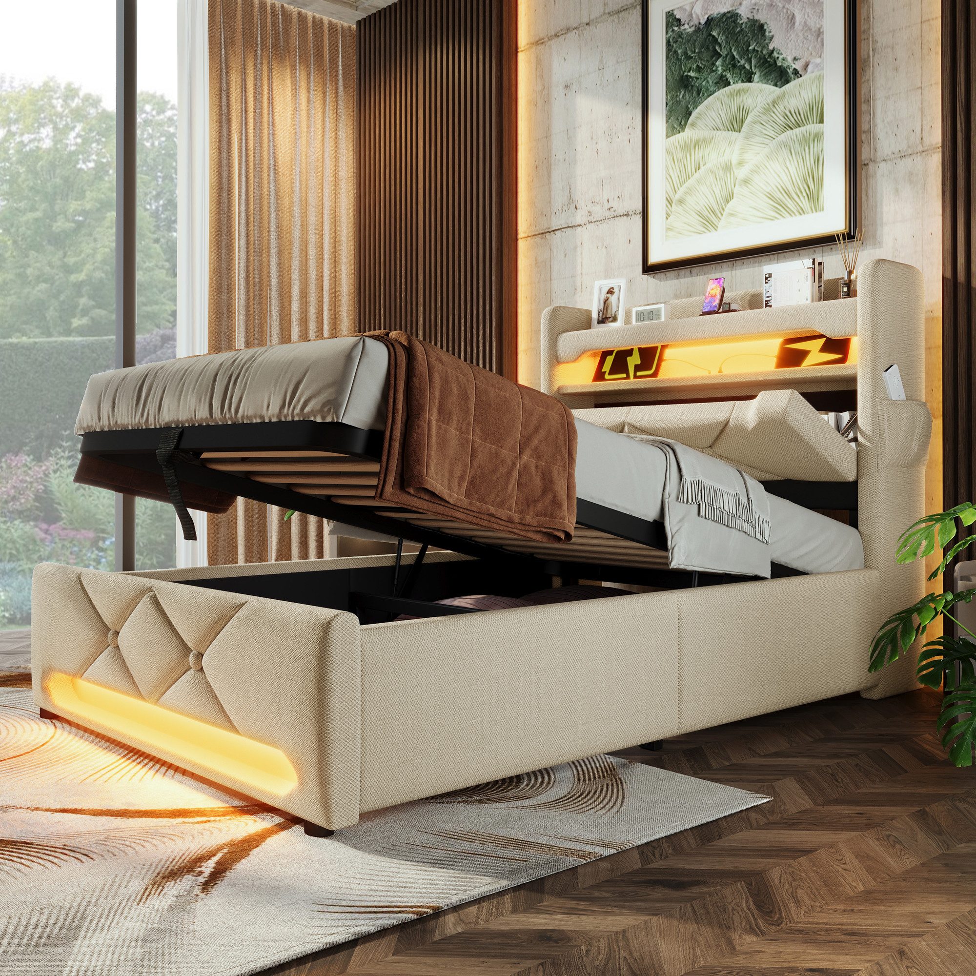 TavilaEcon Boxspringbett Polsterbett mit hydraulischem Stauraum, USB und Typ C-Port, 360-Surround-LED-Funktion, offene Ablageflächen und seitliche Taschen